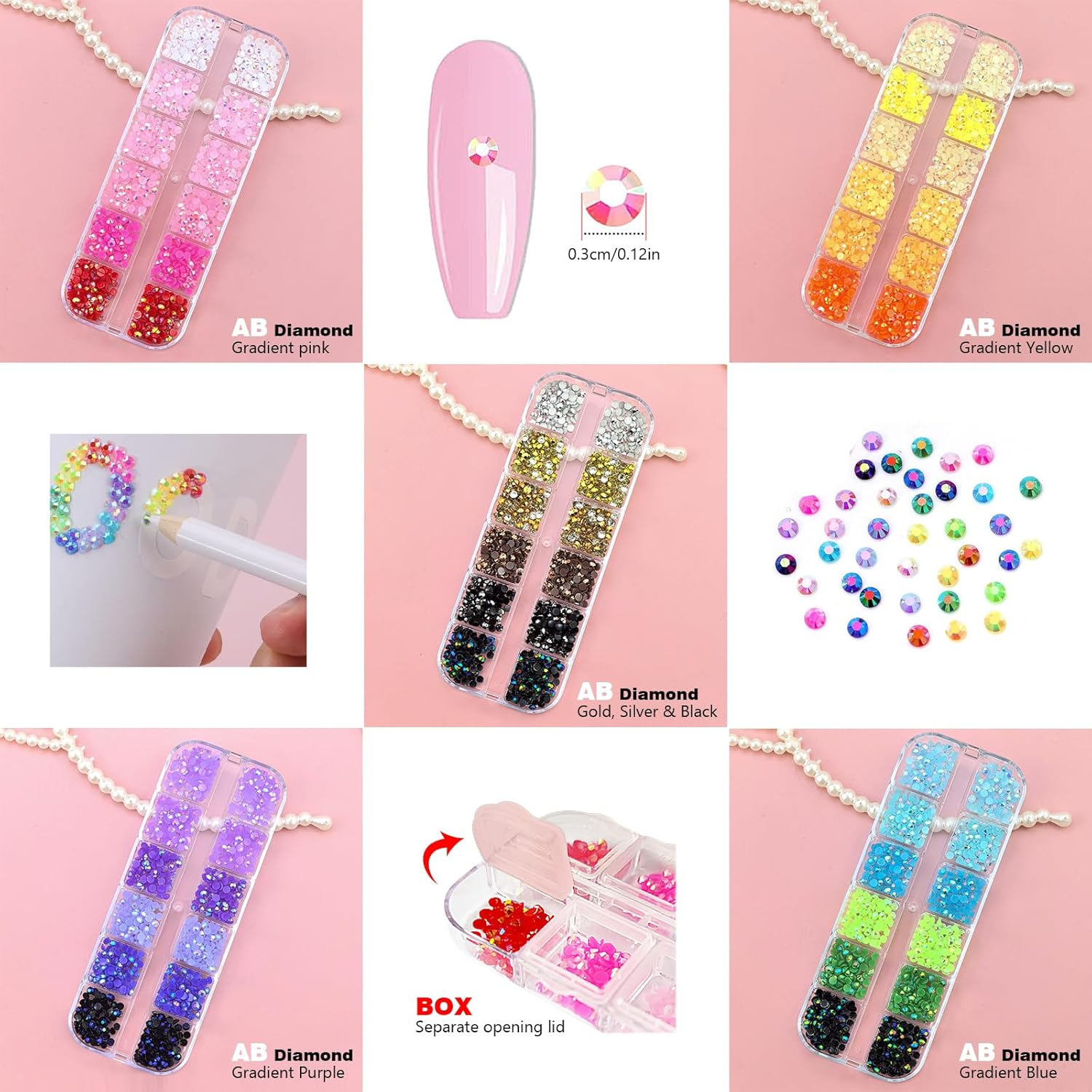 6000PCS 3Mm AB Jelly Rhinestones Kit | 30 Gradient Colors Flat Back round Gems，Colorful Glitter Crystal Gem Rhinestone for Nail Art Decoration, DIY Decoration image number 6