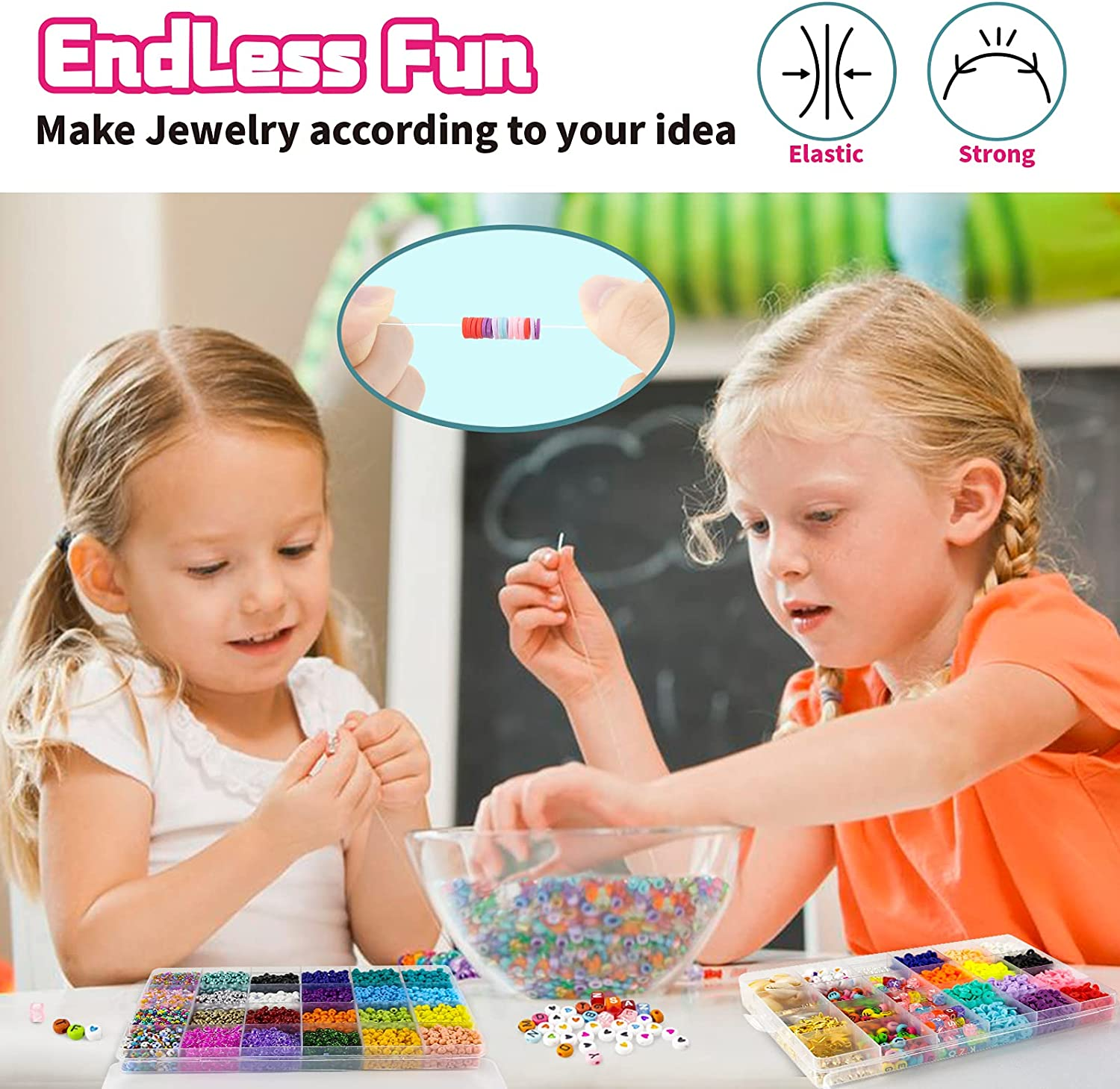 AKILION Beads for Jewellery Making Kit Includes 5500 Pcs Glass Seed Beads 2400 Pcs Flat Clay Beads 820 Pcs Alphabet Beads Pearl Beads Pendant Jewelry Wire, DIY Beading Kit, Necklace Bracelet Earring Making Kit, Arts & Drafts Supplies for Kids, Gift Set for Teens Girls image number 5