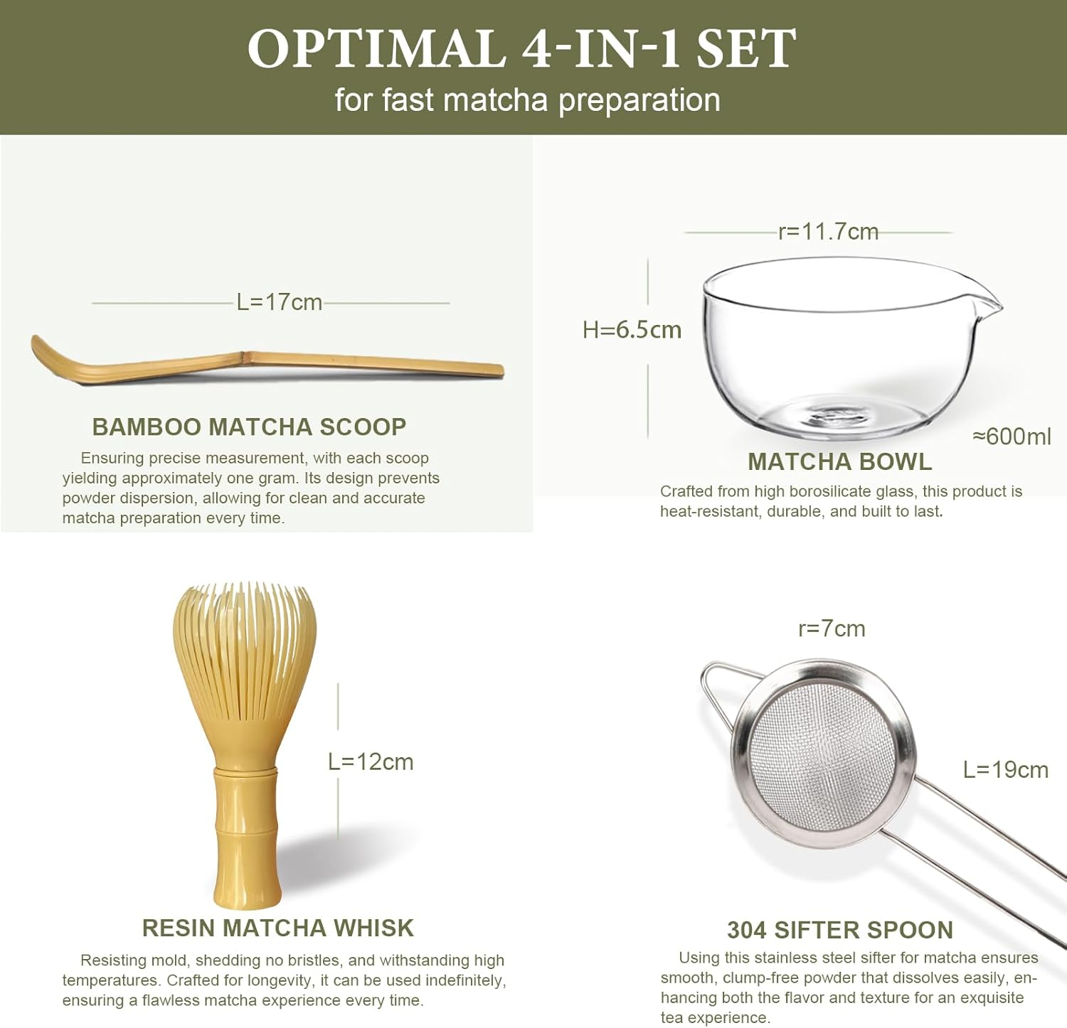FYL 4Pcs Matcha Whisk Set, Dishwasher Safe Upgraded Resin Plastic Matcha Powder Japanese Tea Stirrer Kit with Matcha Bowl image number 1