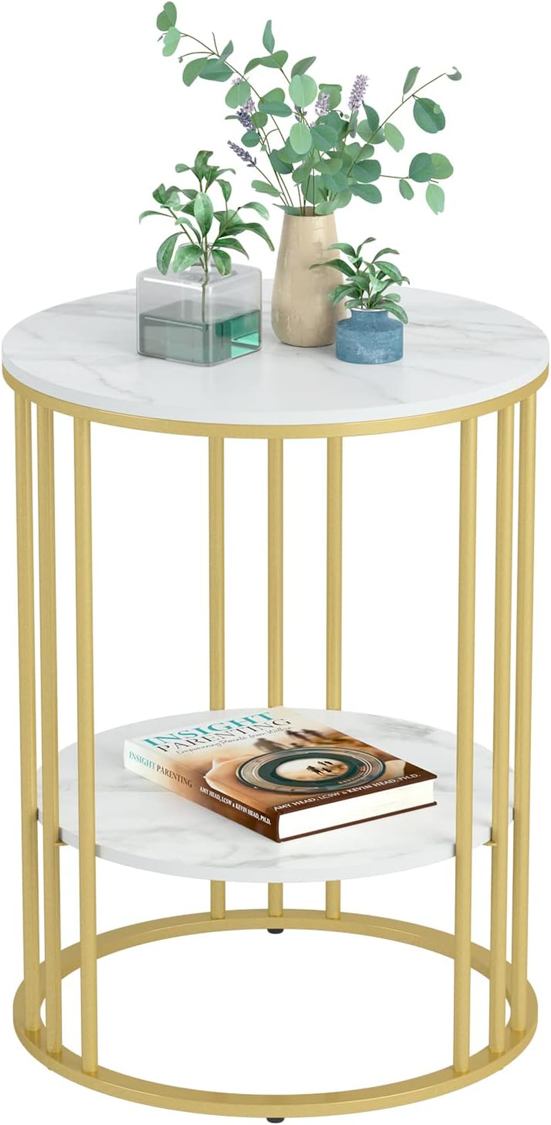 Marble Top Side Table Black: Small Circle End Tables 40 X 54Cm Sintered Stone Bedside with Metal Black Legs Modern White Nightstand 2 Tier round Sofa Side Table for Bedroom Living Room Furniture