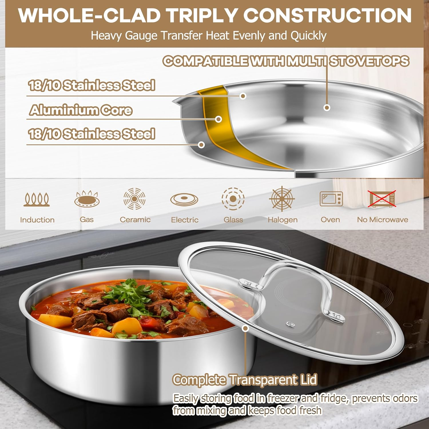 E-Far 9Pcs Pots and Pans Set, Stainless Steel Cookware Set with Detachable Handle, All-Clad 3-Ply Kitchen Cookware Sets with Removable Handle, Induction Cooking Set for RV Camping, Oven Safe image number 1