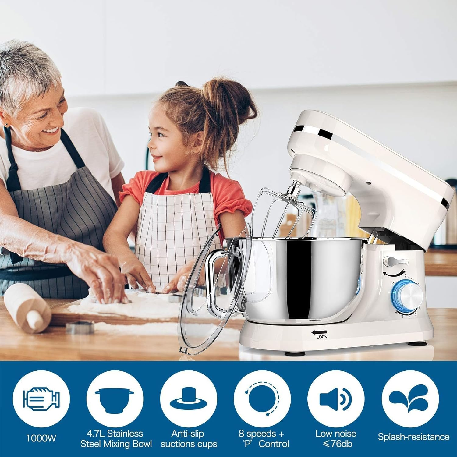 WOOYOOTE Stand Mixer Dough Blender, 5 QT 1000W Food Mixer Electric Cake Mixer with Bowl, Beater, Hook, Whisk, Egg Separator & Silicone Spatula, Dishwasher Safe image number 4