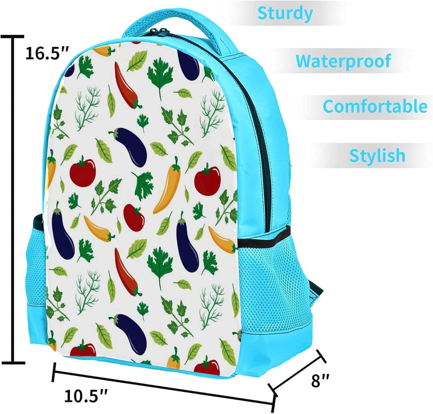 Blue Backpack Boy Bookbags Rucksack Men Travel Handbag Daypack Vegetables Eggplant Tomato Hot Pepper Leaves