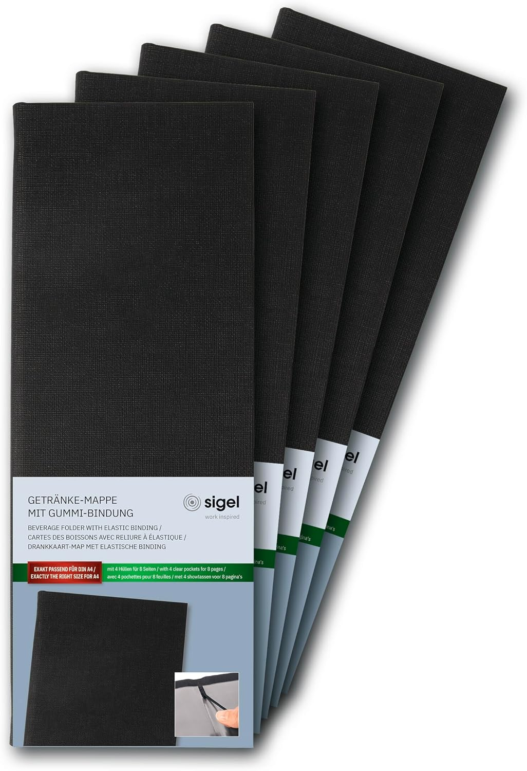 SIGEL GM100/5 Menu Bar Format 1/2 A4 Drinks Folder Rubber Binding Black with Linen Texture Pack of 5 Durable and Easy Wipe Clean image number 7
