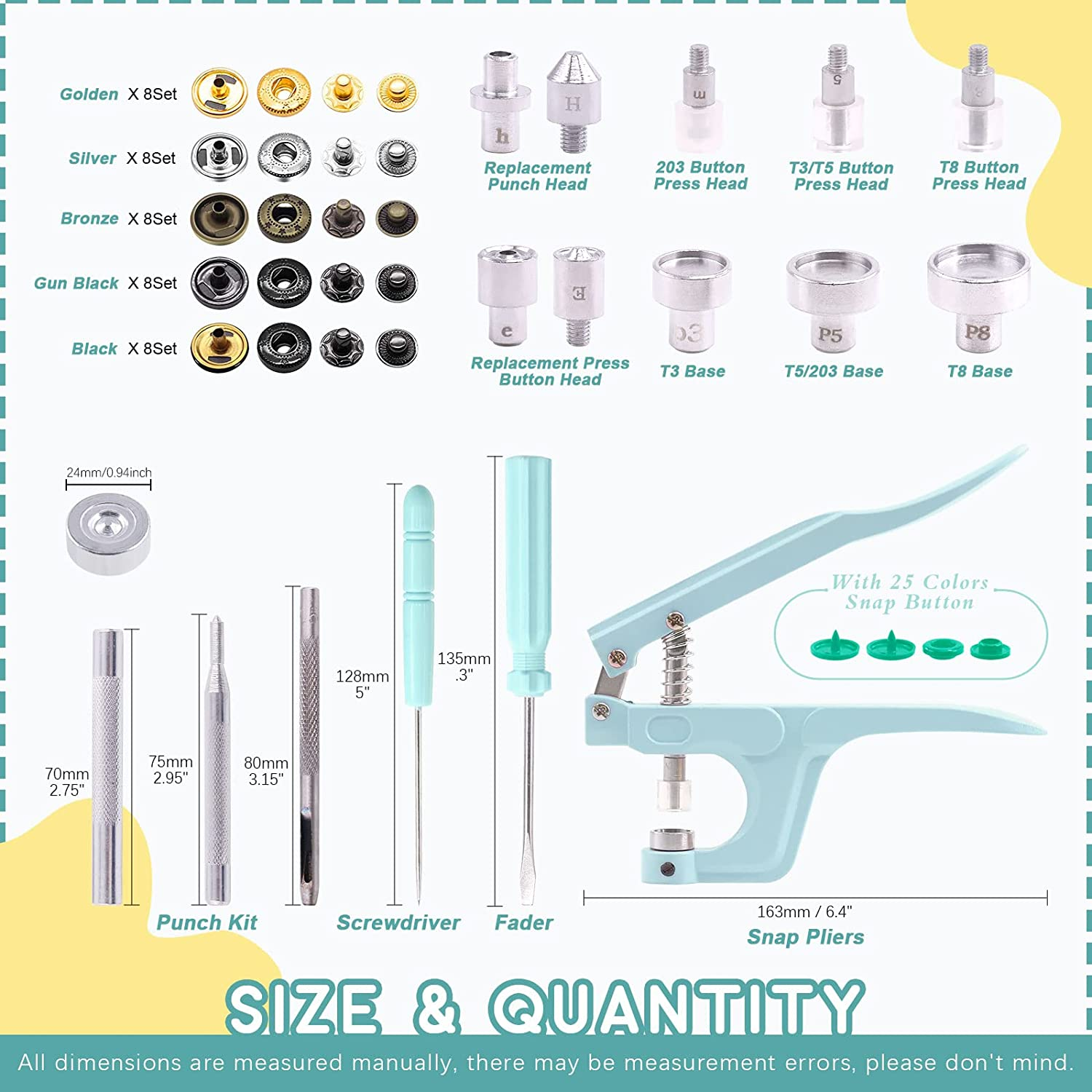 Keadic Snap Fasteners Kit with Pliers, 31 Colors 408Sets T5 Plastic Metal Buttons, Snaps and Snap Pliers Set for Sewing and Crafting, DIY Projects, Includes Storage Box image number 6