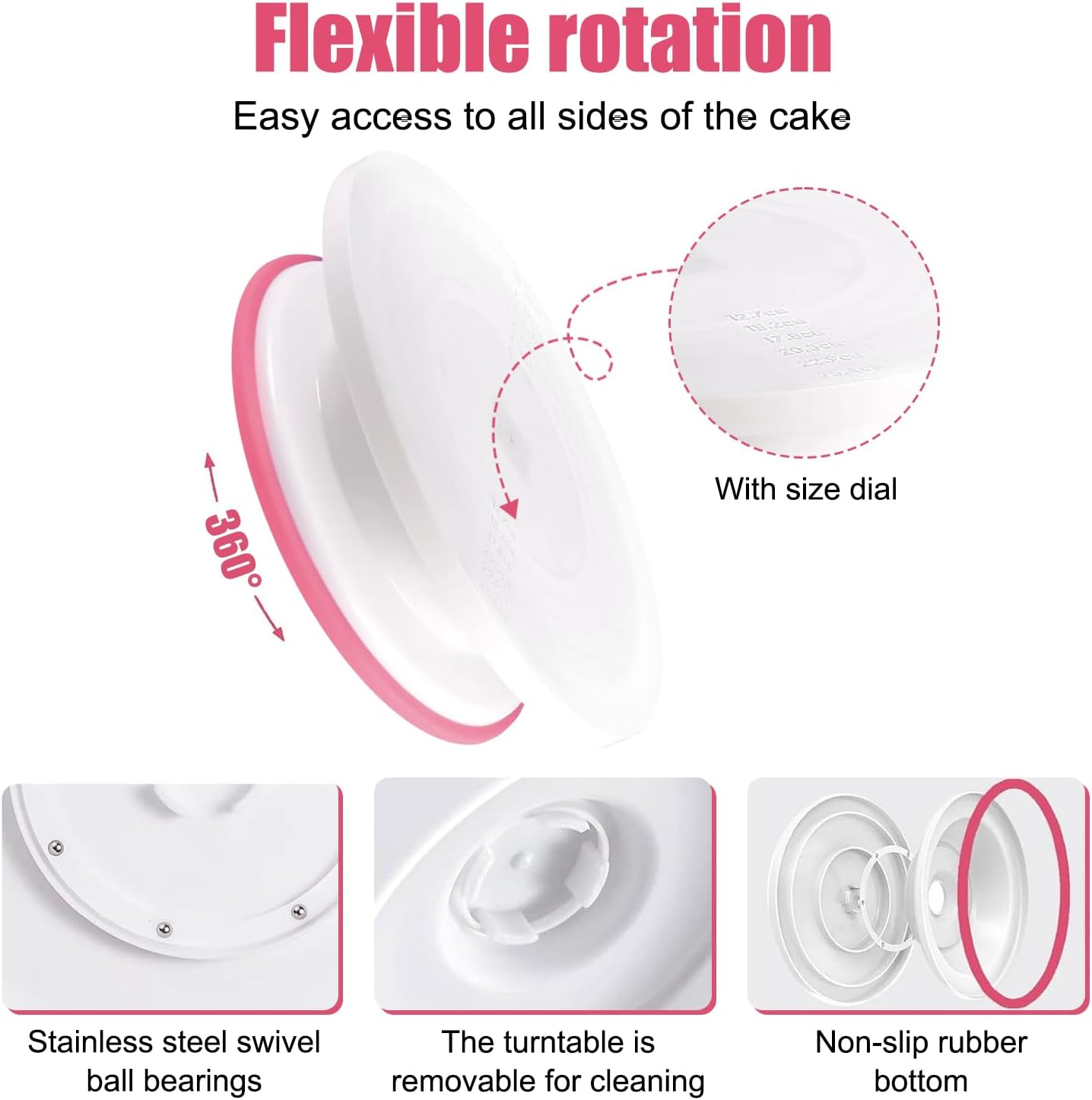 Cake Stand, 11 Inch Rotating Cake Turntable with 2 Icing Spatula and 3 Icing Smoother, Cake Decorating Supplies Kit for Beginners Set of 6 (Pink) image number 2