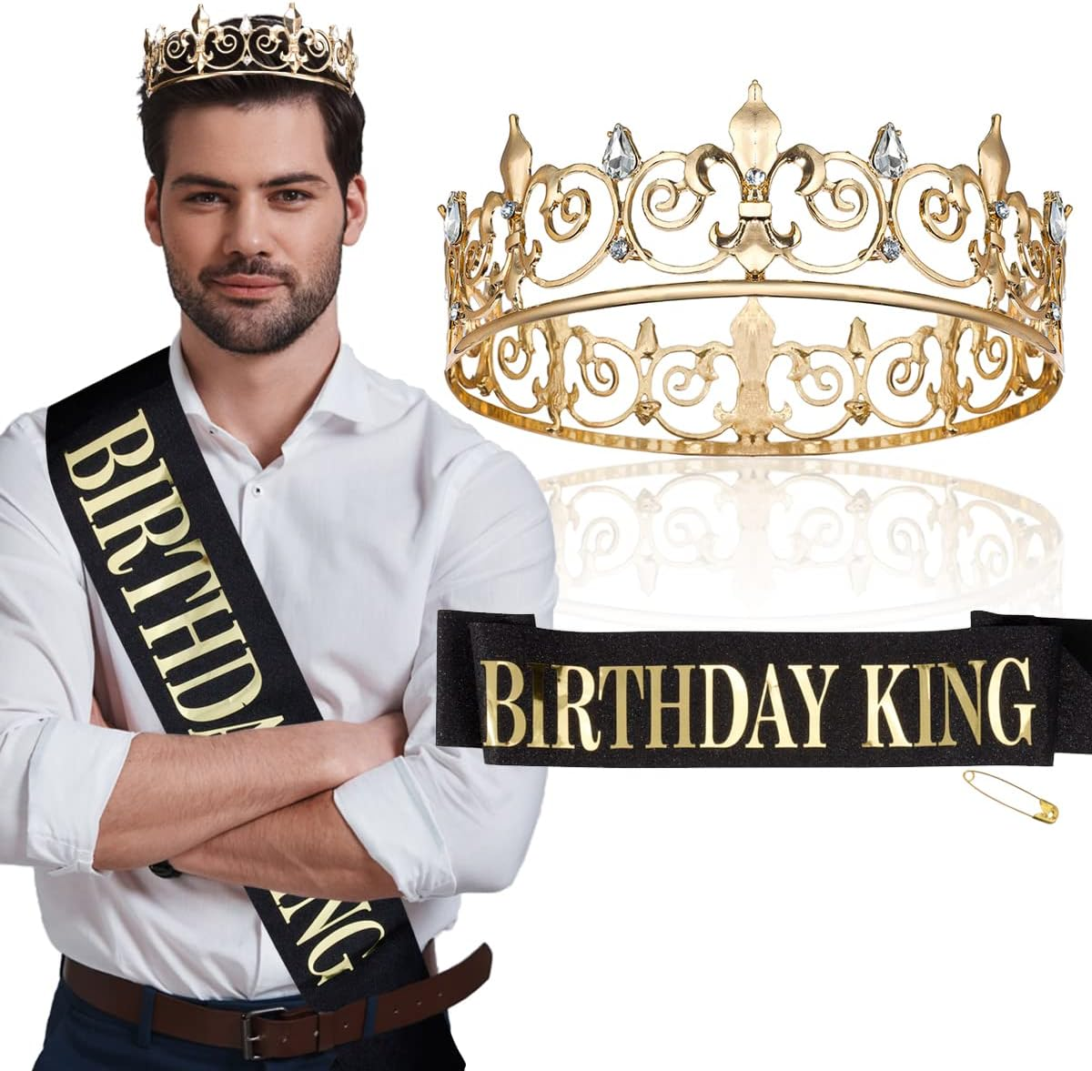 Hapdoo Happy Birthday Decorations for Men, Birthday King Crown and Birthday Sash for Men, Men Birthday Decorations, Birthday Crown for Men Black and Gold image number 4