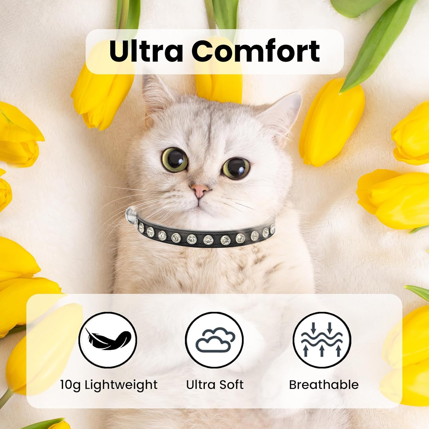 2 Pack Cat Collars with Bells, Rhinestones Leather Cat Collar with Elastic Strap, Kitten Collar, Adjustable Diamond Cat Collar for Girl Boy, 7.5" - 11.5", Black and Green image number 2