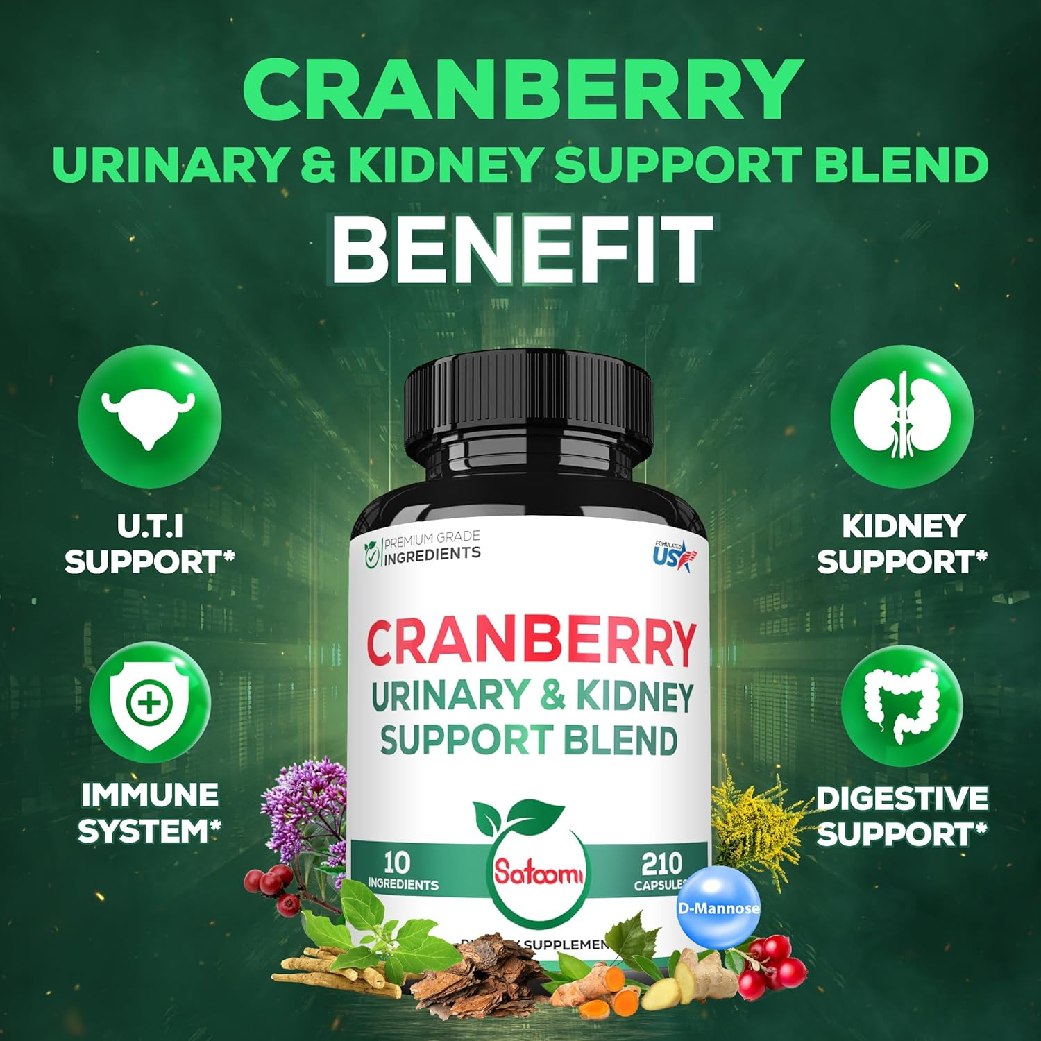 SATOOMI Extract Cranberry Pills for Women - with D-Mannose, Pine Bark, Uva Ursi Leaf & More - 210 Cranberry Capsules for 105 Servings
