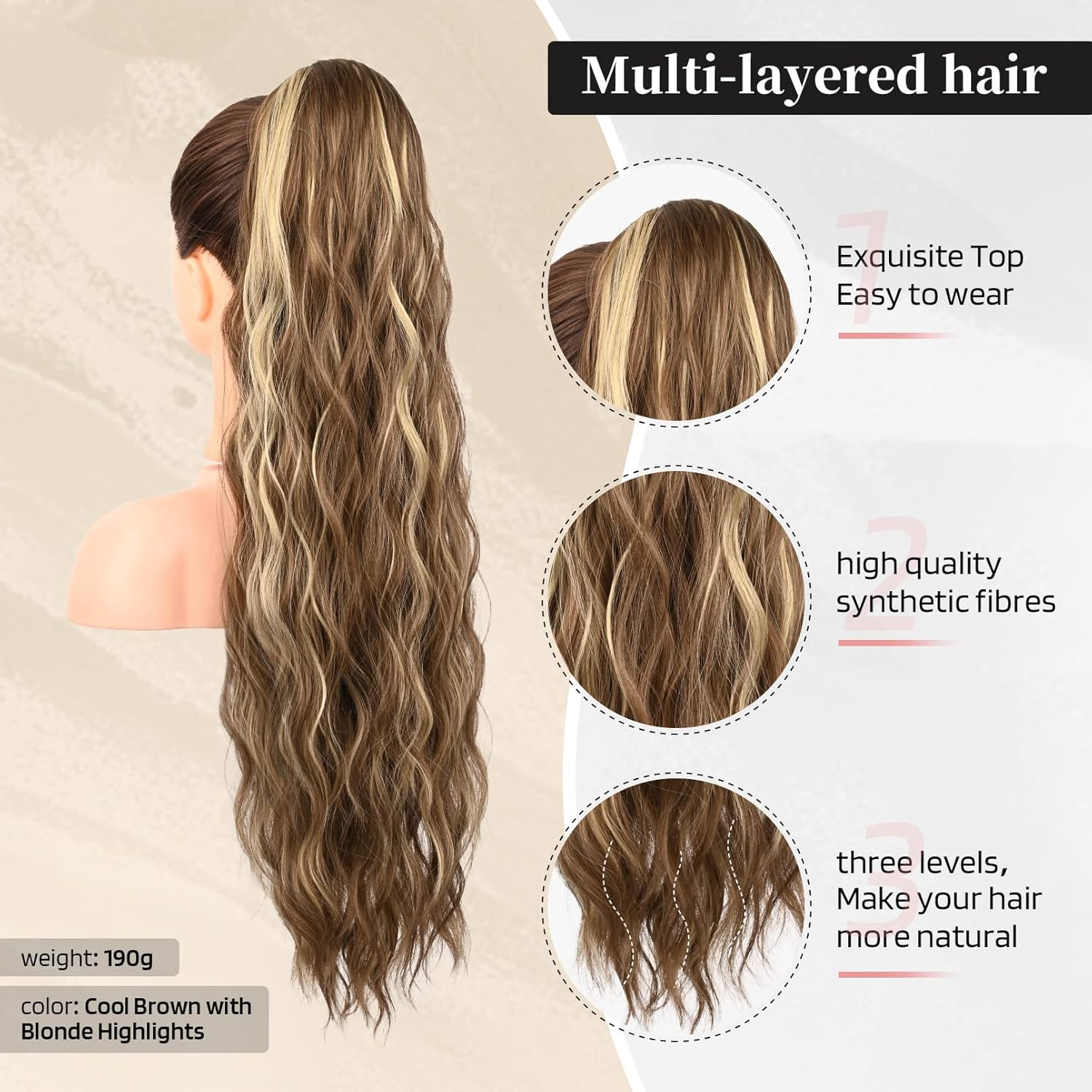 FLUFYMOOZ Ponytail Extension, 26 Inch Drawstring Ponytail Hair Extensions for Women， Long Curly Wavy Ponytail Natural Wavy Synthetic Hairpiece for Women (26 Inch Cool Brown with Blonde Highlights) image number 4