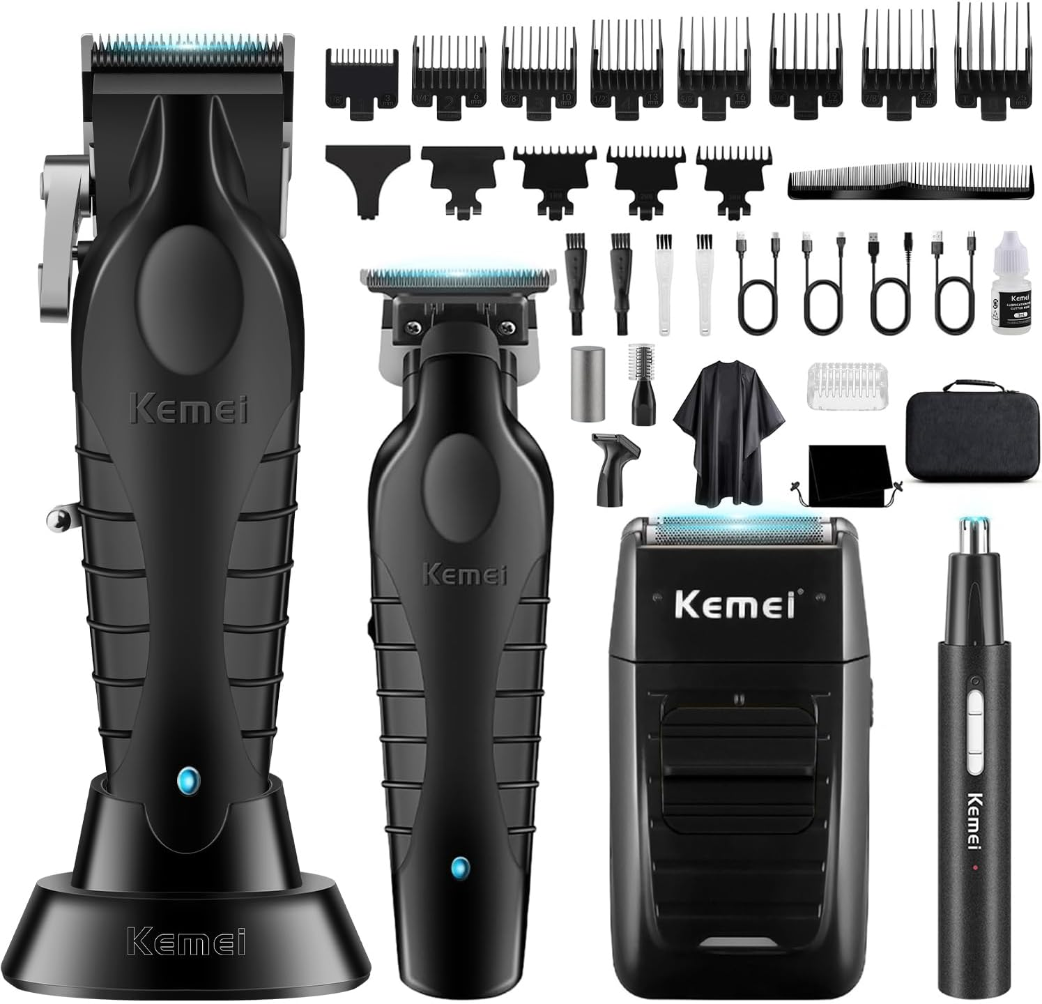KEMEI Professional Hair Clippers for Men, Cordless Barber Clipper Beard Trimmer Foil Shaver Nose Eyebrow Ear Trimmer Set, USB Charging Complete Electric Hair Cutting Kit with 11 Guide Combs image number 1