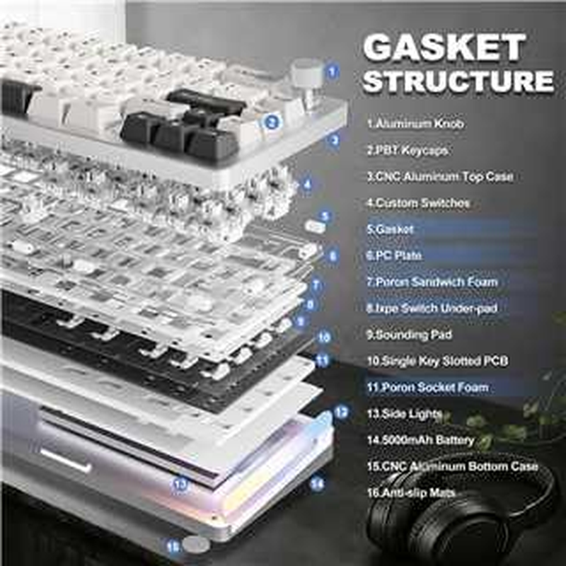 YUNZII AL66 Wireless Mechanical Keyboard,65% Knob Control Aluminum Gaming Keyboard Bluetooth/2.4G/Wired Hot Swappable Pre-Lubed Switches, Gasket Mounted RGB Keyboard for Win/Mac（Milk Switch, Silver image number 4