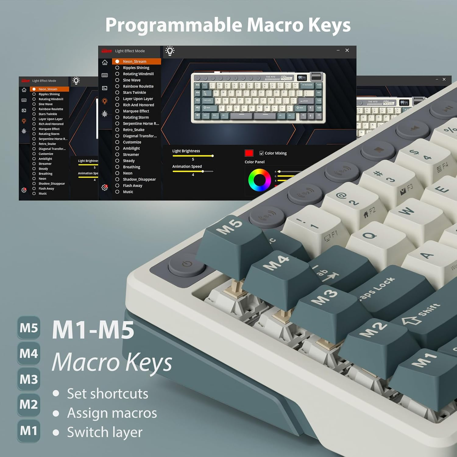 RK ROYAL KLUDGE M70 Mechanical Keyboard 2.4Ghz/Bt5.1/Wired 70 Keys Wireless Gaming Keyboard Gasket Mounted ABS Keycaps Beige Switch Blue image number 2