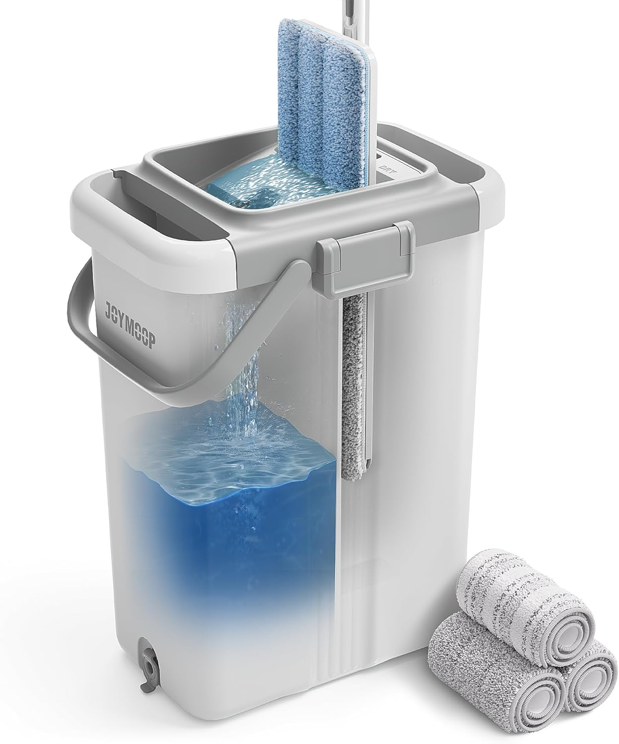 JOYMOOP Mop and Bucket Set with Wringer, Dust Mops for Floor Cleaning, Wall Cleaner with Long Handle, Microfiber Mop - White Bucket with 3 Reusable 15" Microfiber Pads image number 5