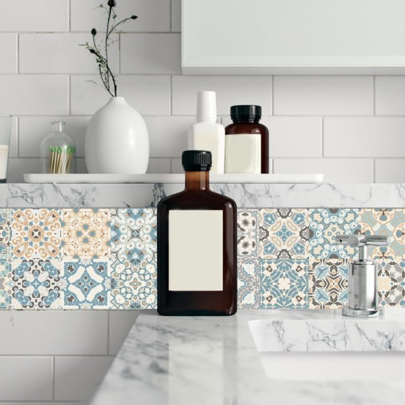 Bestonzon 24PCS Tile Stickers Stick Retro Style, 7.86Inch Wall Tiles Peel and Stick Adhesive Decals, Removable Decorative Tile Stickers Traditional DIY Murals Tile Stickers for Kitchen Bathroom image number 6