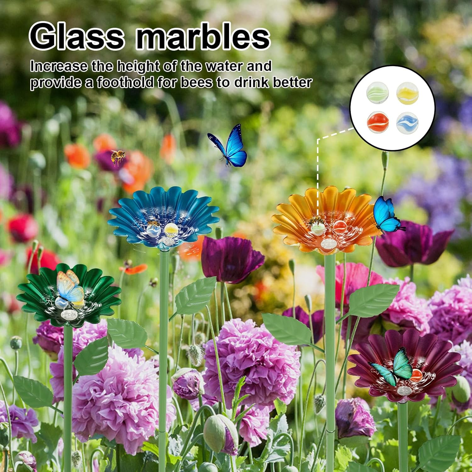 2/4 Pack Bee Watering Station, Iron Bee Water Feeder, with Glass Marble and Flower Design, Butterfly Water Stations, Practical Bird Watering Station, for Outdoor Garden Yard (Style2)