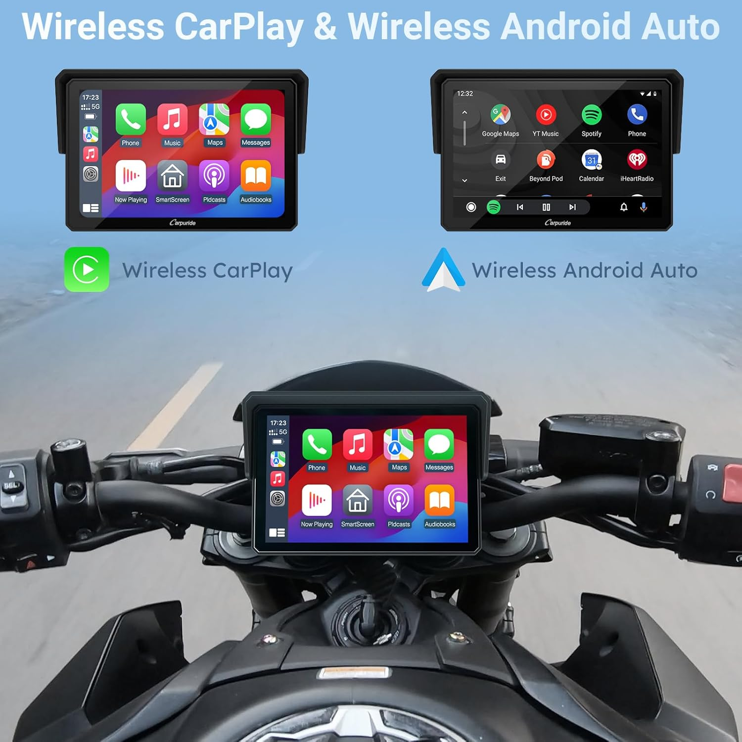 Carpuride W502 Motorcycle GPS Wireless Portable Carplay/Android Auto Waterproof Car Stereo, 5" IPS Touch Screen with Dual Bluetooth, Navigation/Siri/G00Gle Assistant for Motorbike