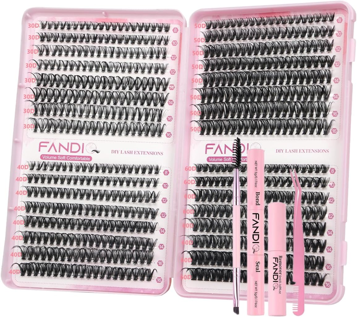 FANDIQ Individual Eyelashes Wispy Lash Clusters Kit 570 Pcs Eyelash Extension Kit D Curl Cluster Lashes 8-16MM DIY Eyelash Extension Kit with Lash Bond and Remover Tweezers Double-Ended Brush(A01 KIT) image number 6