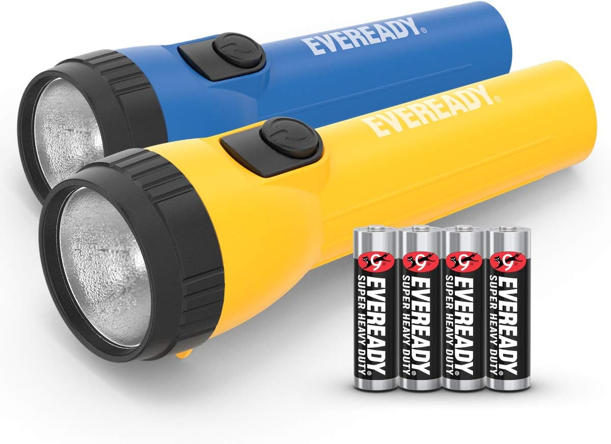 Energizer Eveready LED Torch (2 Pack), Super Bright Flashlight for Outdoors, Camping and Gifts (4 AA Batteries Included), Blue/Yellow image number 2
