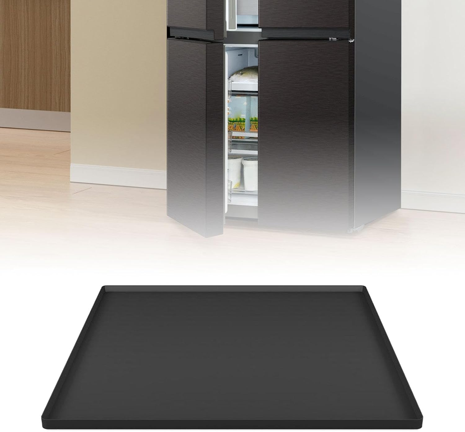 Perfk Silicone Fridge Floor Mat Large Drip Tray 60Cmx60Cm Spill Prevent Mini Fridge Drip Pan High Raised Edge for Indoor Gardening, Black image number 5