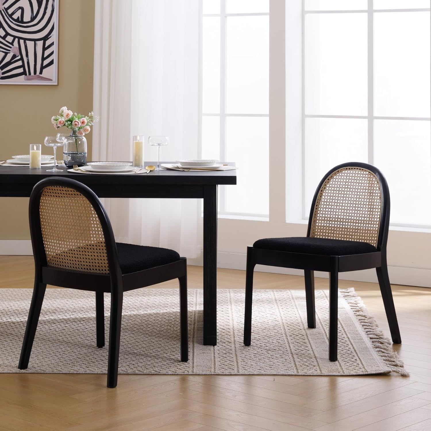 Ya-Home Mid Century Dining Chairs Set of 2, Linen Upholstered Kitchen Chairs W/Rattan Back, Farmhouse Side Chair Solid Wood Accent Chair for Home/Living Room/Dining Room/Restaurant, Beige