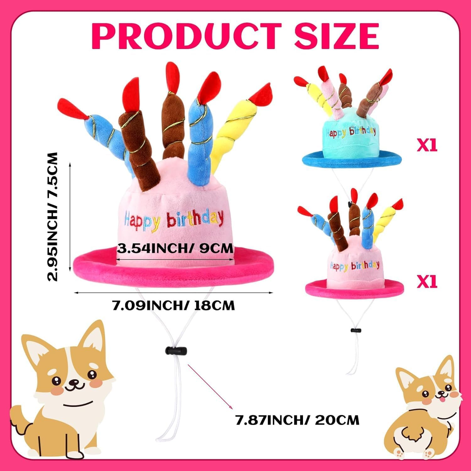 2 Pack Cute Dog Cat Birthday Cake Hat with Colorful Candles Adjustable Strap for Pet Birthday Party Supplies Decorations One Size Fits Most（Pink and Blue） image number 5