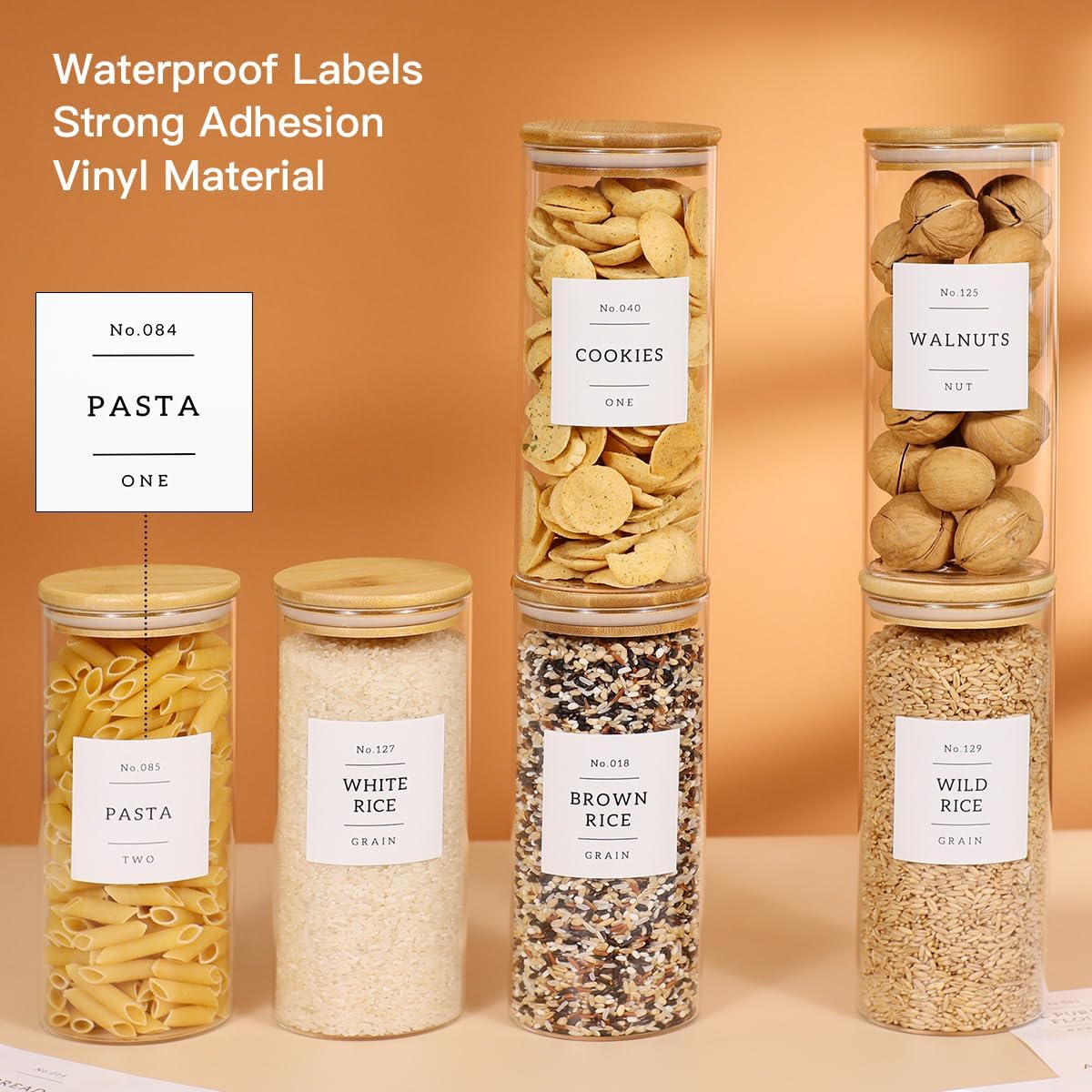 CZZGSM 6 Pack Glass Jar with Airtight Bamboo Lid and White 132 Kichen Pantry Labels Preprinted - 28 Oz Clear round Glass Food Storage Containers Set for Tea Coffee Bean Cookie image number 2