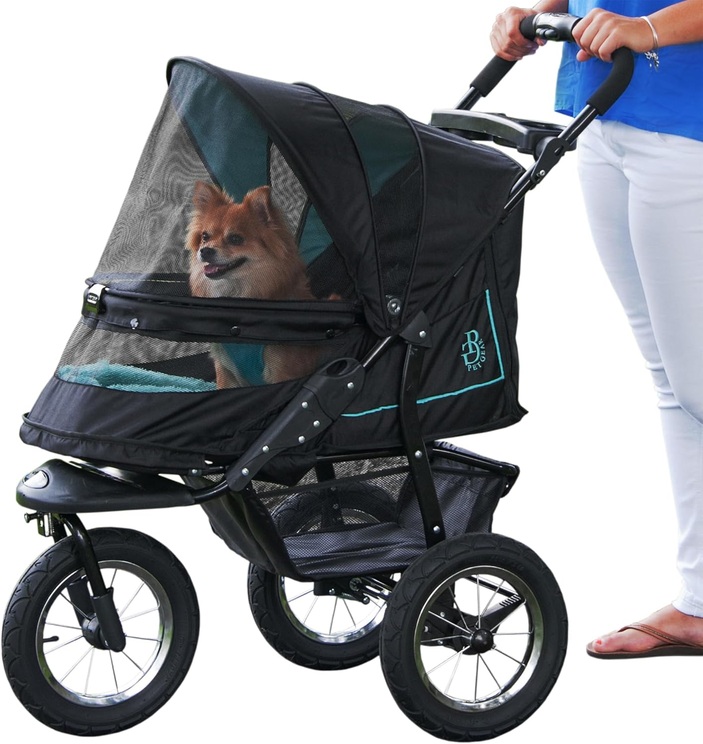 Pet Gear No-Zip Push Button Pet Stroller for Cats/Dogs, Zipperless Entry, Easy One-Hand Fold, Gel-Filled Tires, Plush Pad + Weather Cover Included, Aquamarine