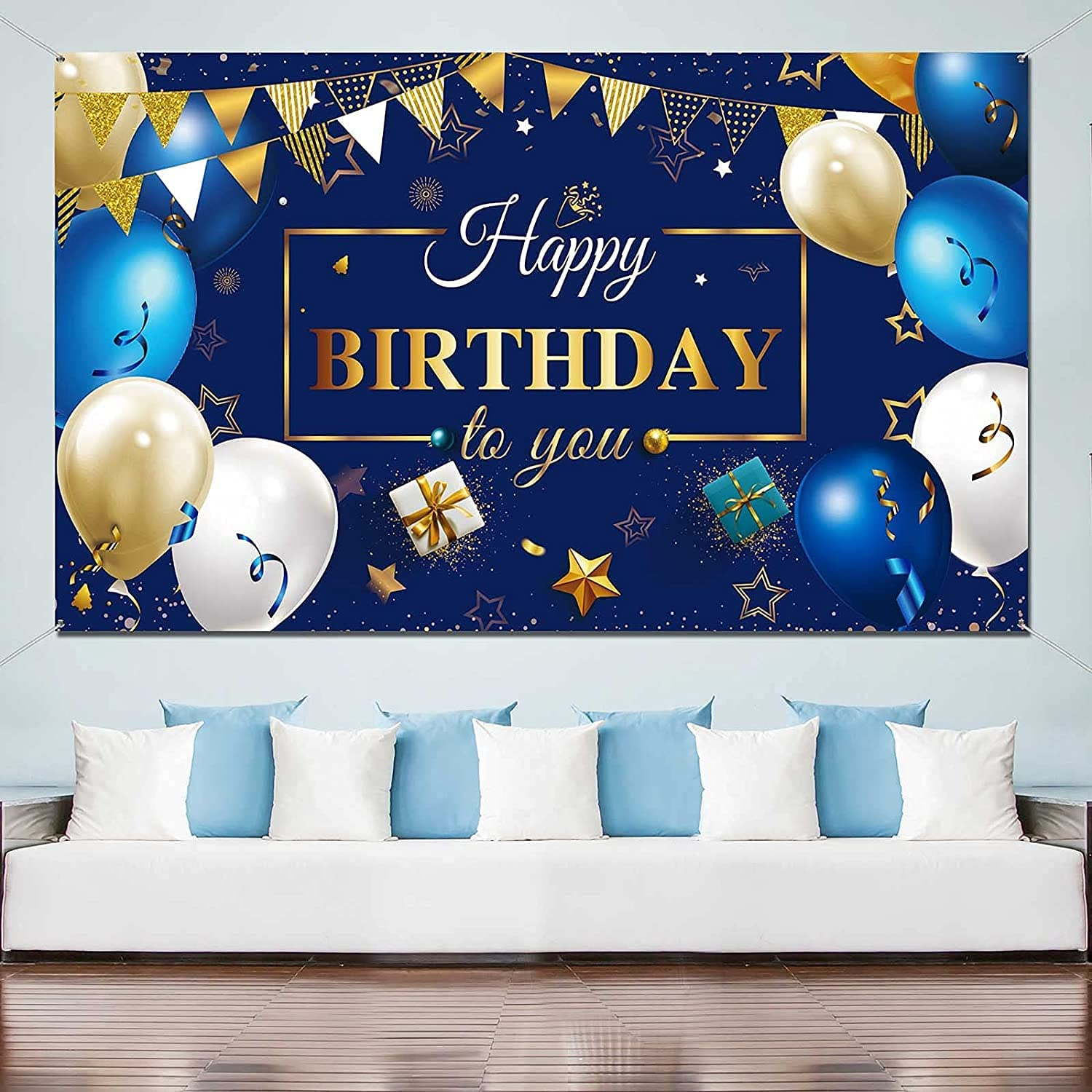 Happy Birthday Decorations Banner - Navy Blue and Gold Sign for Party Supplies, Photo Backdrop Background for Children, Men, Women Celebration, 72.8 X 43.3 Inch image number 2