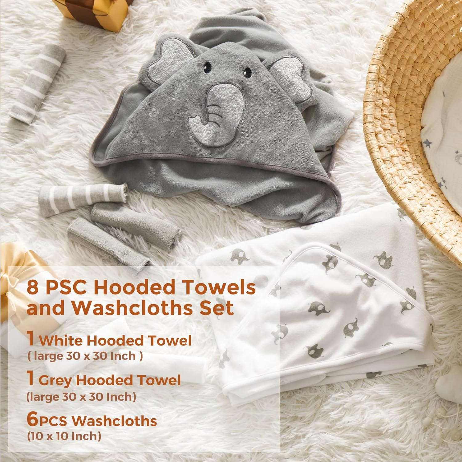 Momcozy Cute Elephant Hooded Baby Towel- 8 Piece Bath Essential, 2 X Towels and 6 X Wash Cloth Set- for Boys or Girls - Soft and Comfort for Newborn, Infant and Toddler image number 2