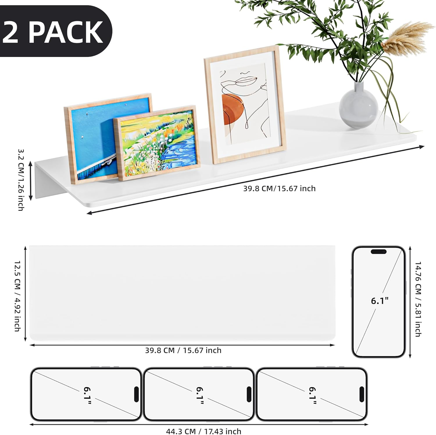 HNVNER Metal Wall Shelf, Set of 2, 40 Cm, White Floating Shelf, No Drilling, Aluminium Shower Shelf, Rustproof & Stick-On Assembly, for Wall Decoration and Storage in the Living Room, Bedroom image number 4