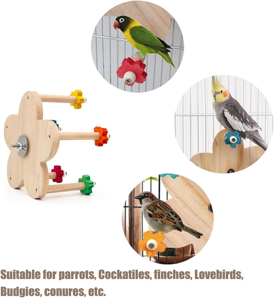 AIMALL Rotatable Ferris Wheel Parrot Toy &ndash; 7.87In Solid Wood Bird Turntable with Bearing, Cage-Mount Chewing Station for Small and Medium Birds Play Enrichment image number 3