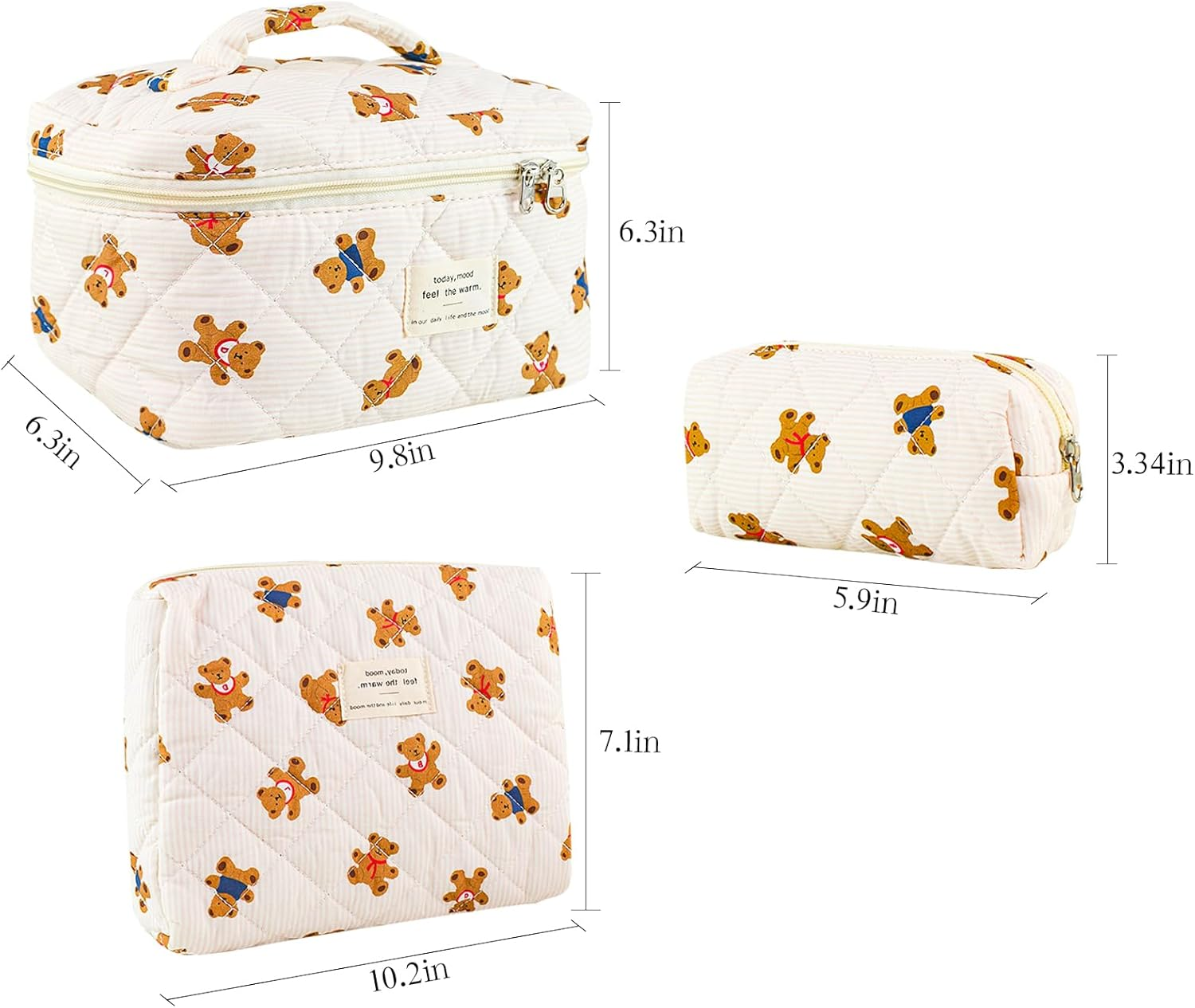 3Pcs Makeup Bag Cotton Quilted Travel Cosmetic Bag Cute Floral Makeup Pouch Large Toiletry Bag for Women Girls, Bear A, Daily - Bow-Blue image number 7
