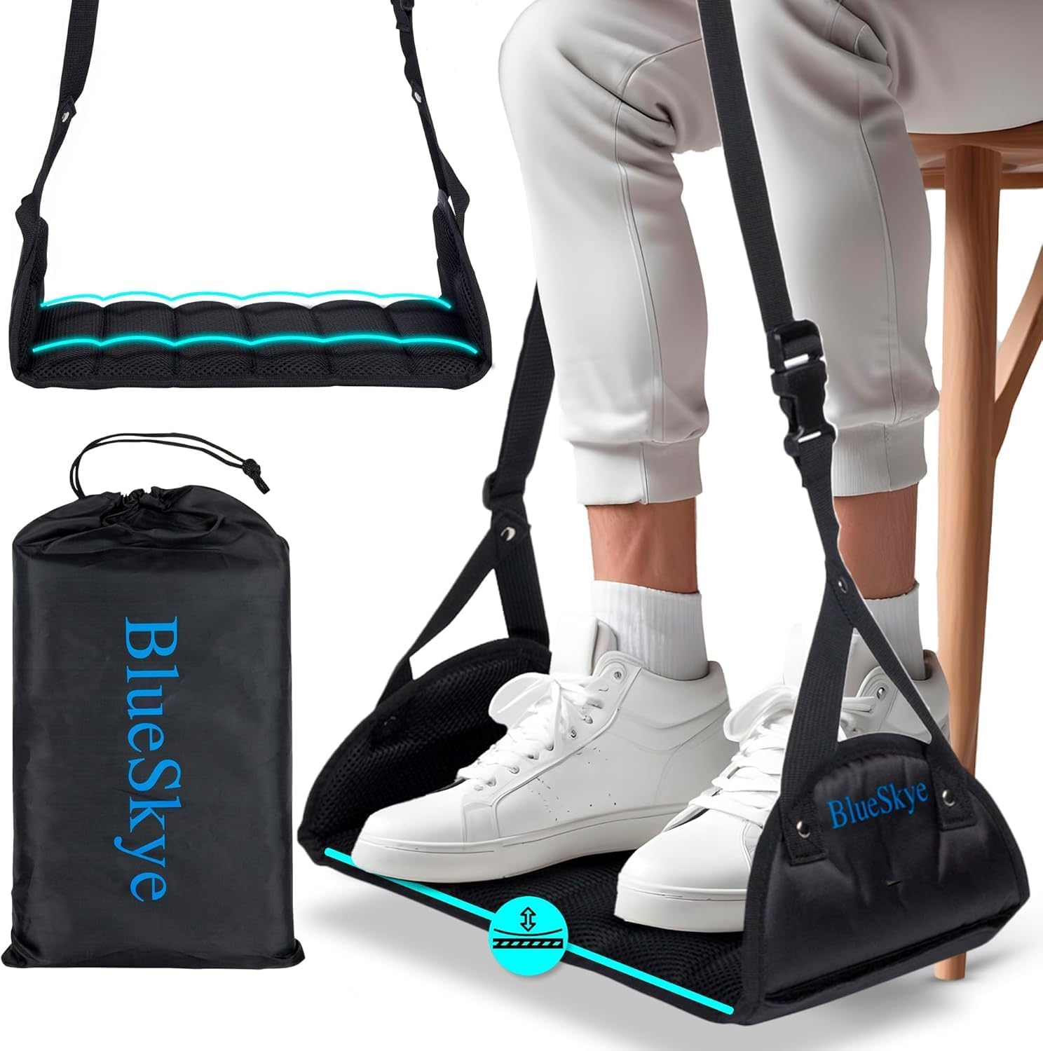 Blueskye Adjustable Travel Foot Rest & Hanging Foot Hammock - Portable, Foldable for Airplane, Office, Car & Home Use - Anti-Swelling, Soft Padded with Removable Rigid Base - Ideal for Long Flights & Desk Work image number 1