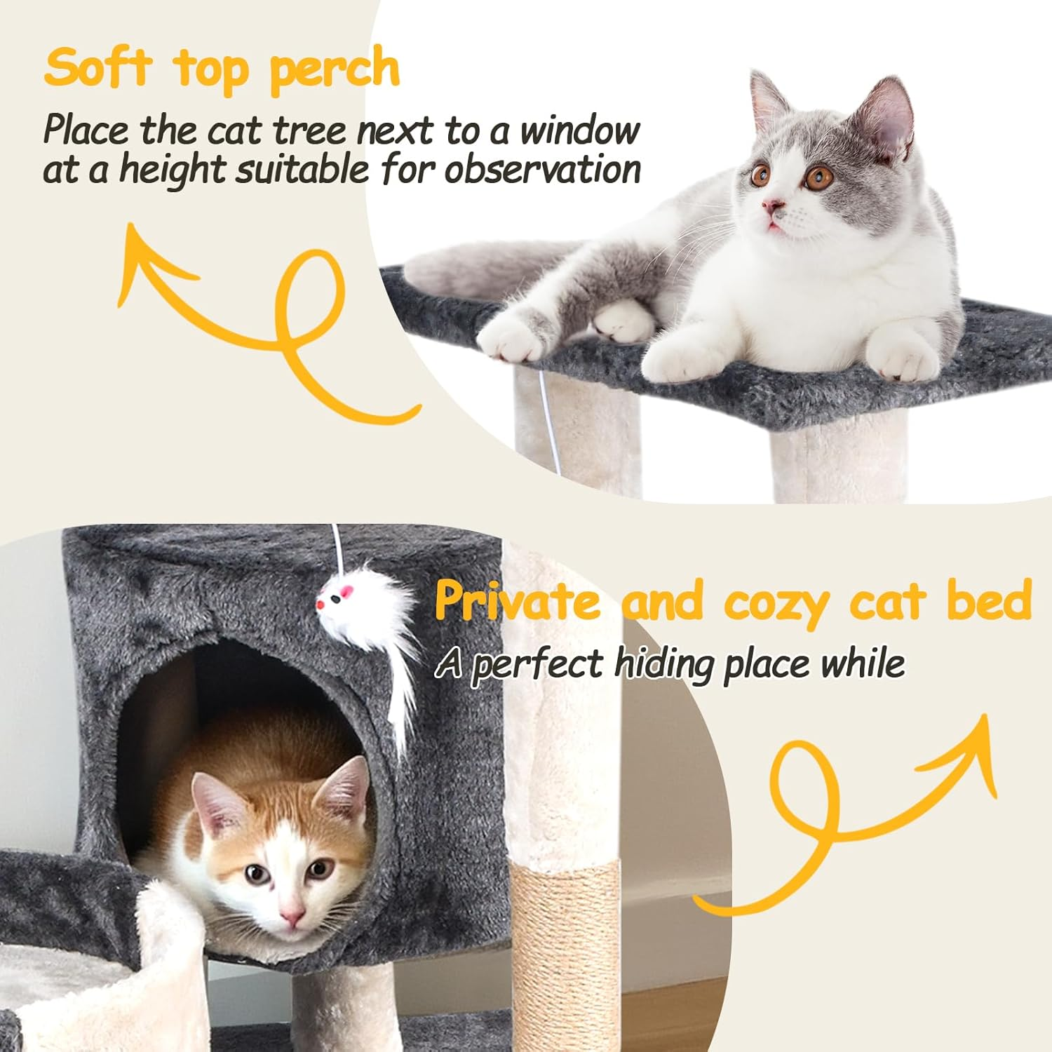 Cat Tree with Sisal-Covered Scratching Posts and Pads, Activity Centre Climbing Tree Furniture with Cat Condo, Cat Tower for Medium Cats Grey image number 3
