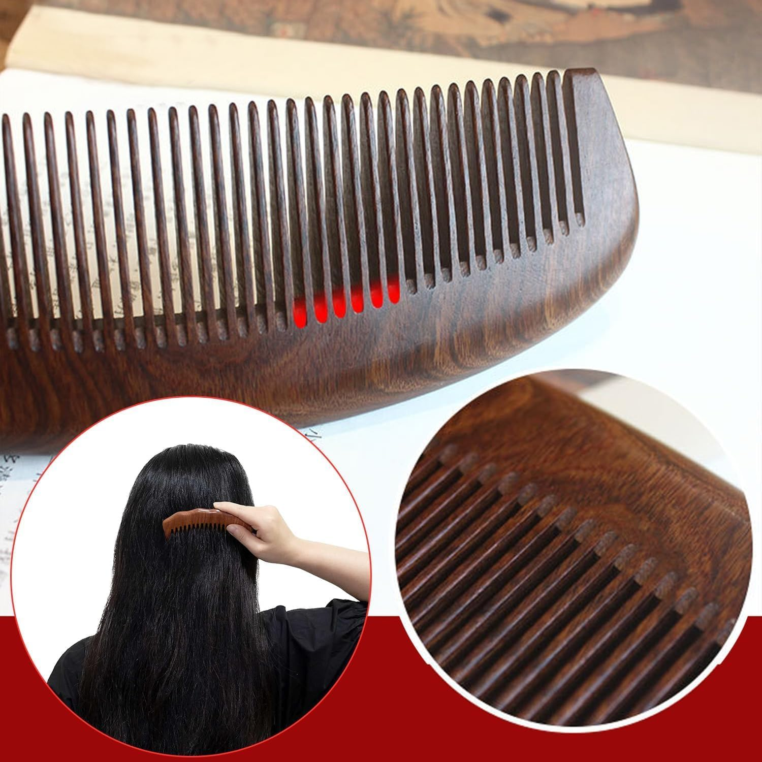 Anti-Static Sandalwood Comb, 1Pc Natural Sandalwood Hair Comb, Anti-Static Sandalwood Natural Hair Detangler Wooden Comb image number 3