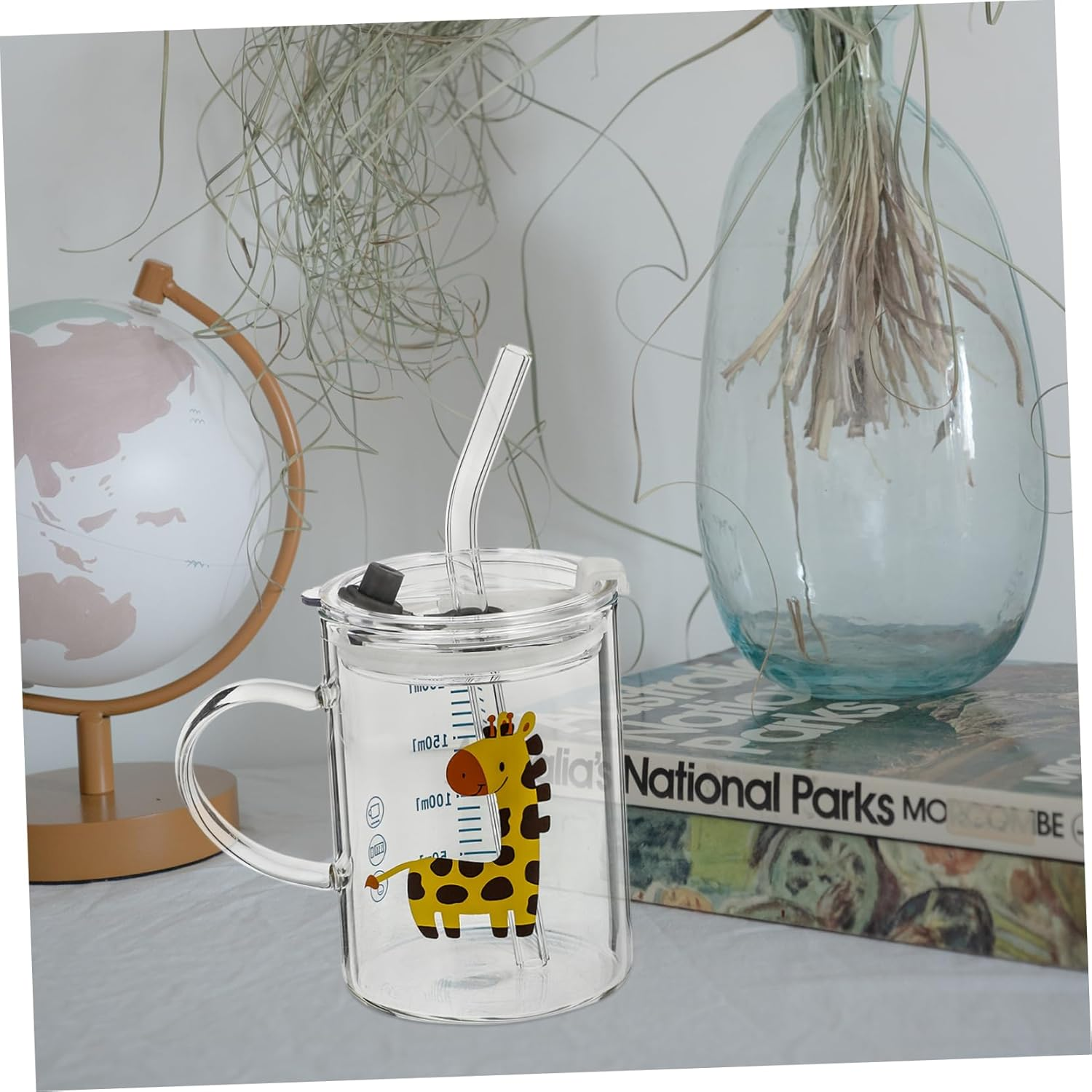 COLLBATH Cartoon Water Cup for Kids 250Ml Glass Straw Cup Deer Pattern Comfortable to Hold Microwave Safe Multi-Functional image number 3