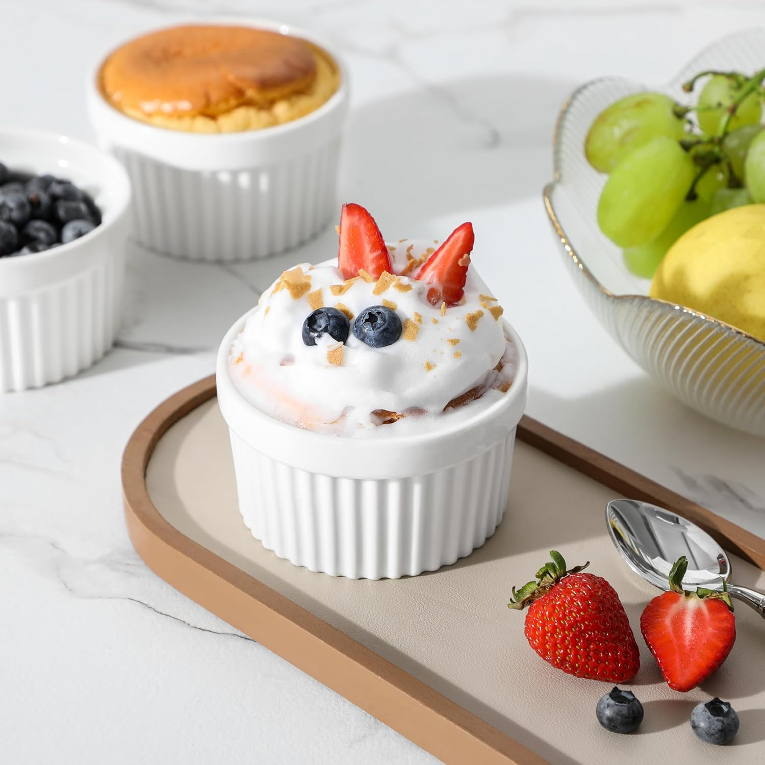 MALACASA Ramekins 6 Oz Oven Safe, Porcelain Creme Brulee Ramekins Pudding Custard Cups Small Ceramic Souffle Dishes Ramakan Ramiken Ramicans Baking Bowls Set of 6, White, Series RAMEKIN-DISH image number 5