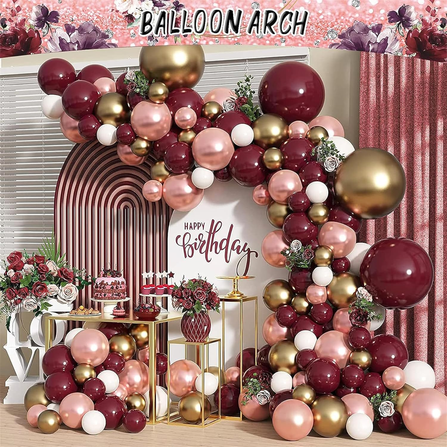 PEKGLOW 135 Pcs Burgundy Balloon Garland Wine Red White Gold Balloons Valentines Day Balloon Garland Burgundy White Rose Gold Balloons for Wedding Anniversary Valentines Day Party Decorations