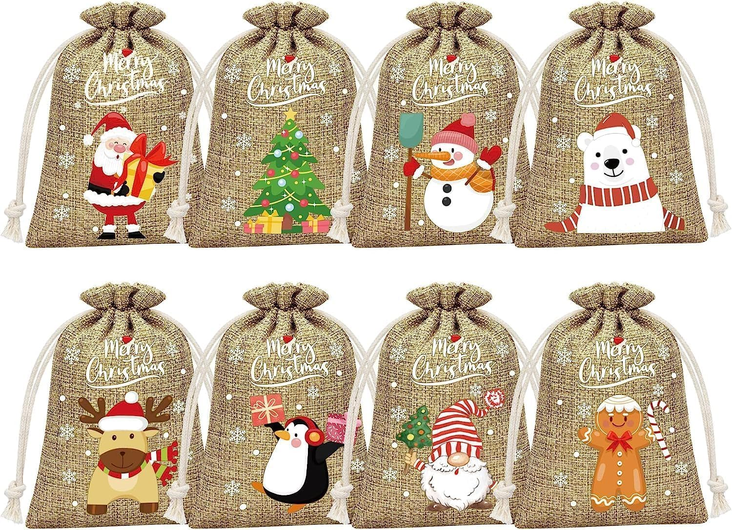 24 Pcs Christmas Linen Bags, with Drawstrings Christmas Burlap Gift Bags, Jute Xmas Candy Bags Linen Treat Sacks Reusable Gift Wrapping Bags Xmas Holiday Party Favors Bags image number 2