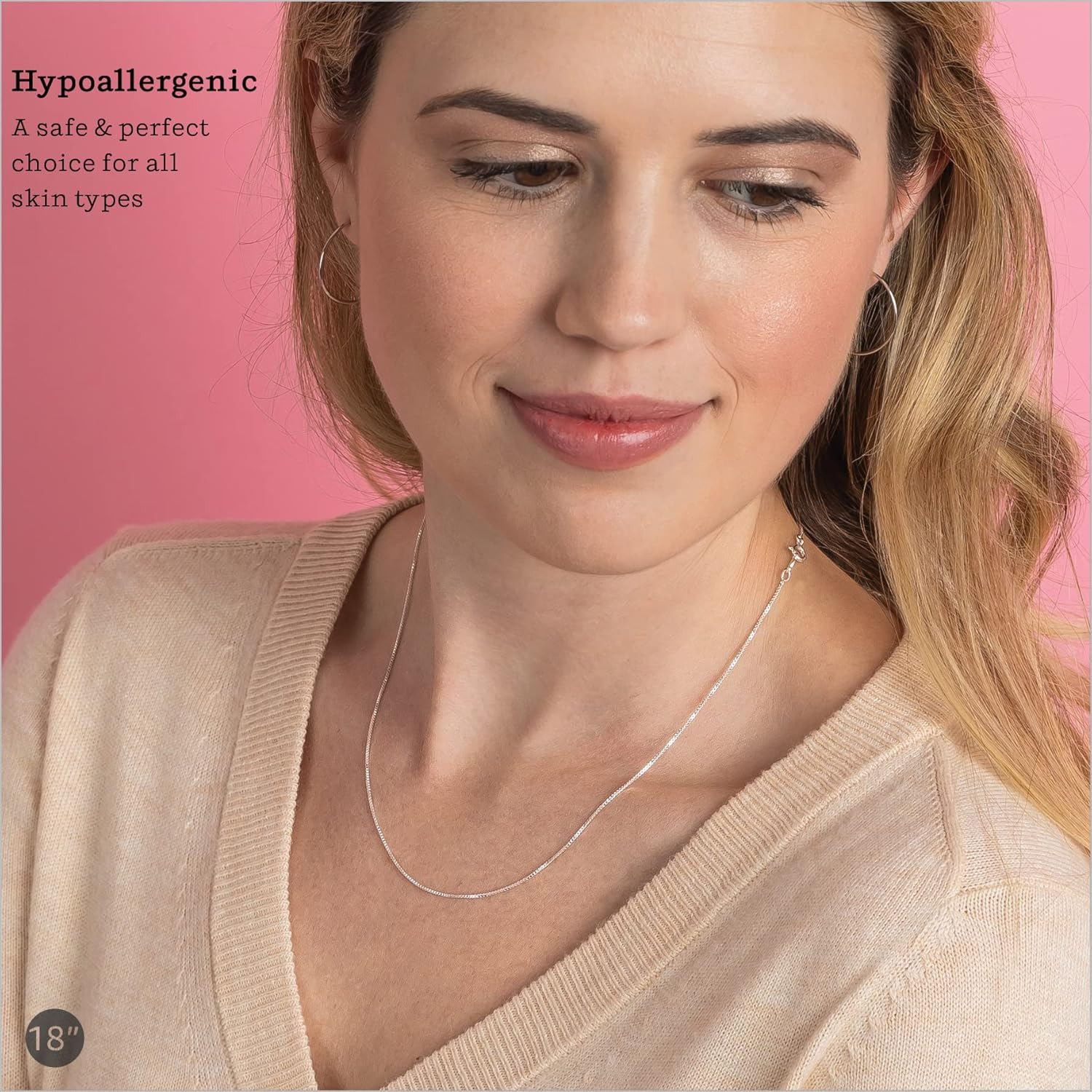 KEZEF Sterling Silver Box Chain Necklace for Men & Women, Silver, 18K Gold Plate & Rose Gold Plate 1Mm Venetian Chain, Made in Italy, Hypoallergenic, Tarnish Resistant image number 5