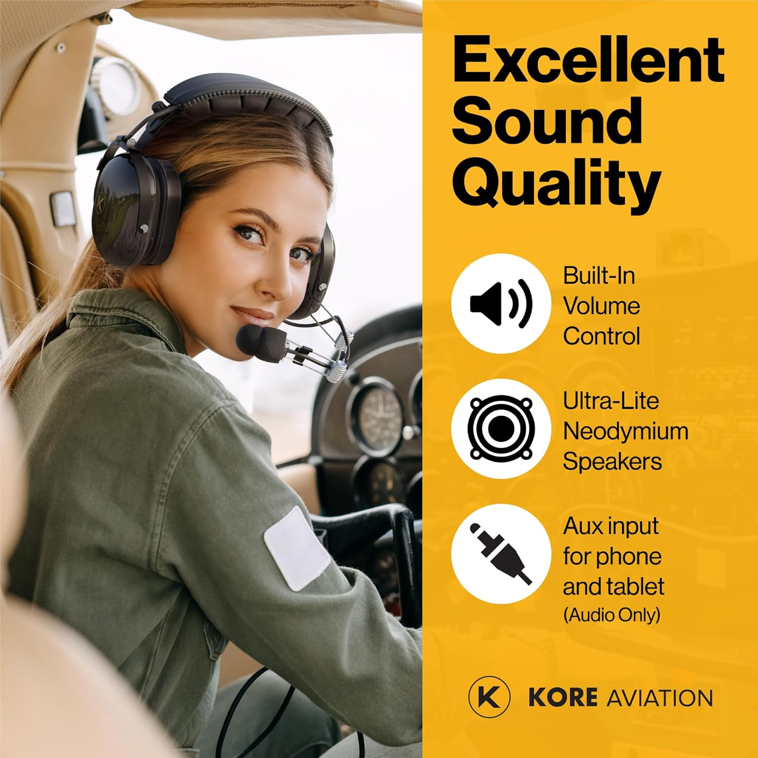 KORE AVIATION P1 General Aviation Headset for Pilots | Mono, Passive Noise Reduction, Noise Canceling Microphone, Acoustic Ear Cup, AUX Port, GA Dual Plug with Headset Bag (2 Items) image number 2