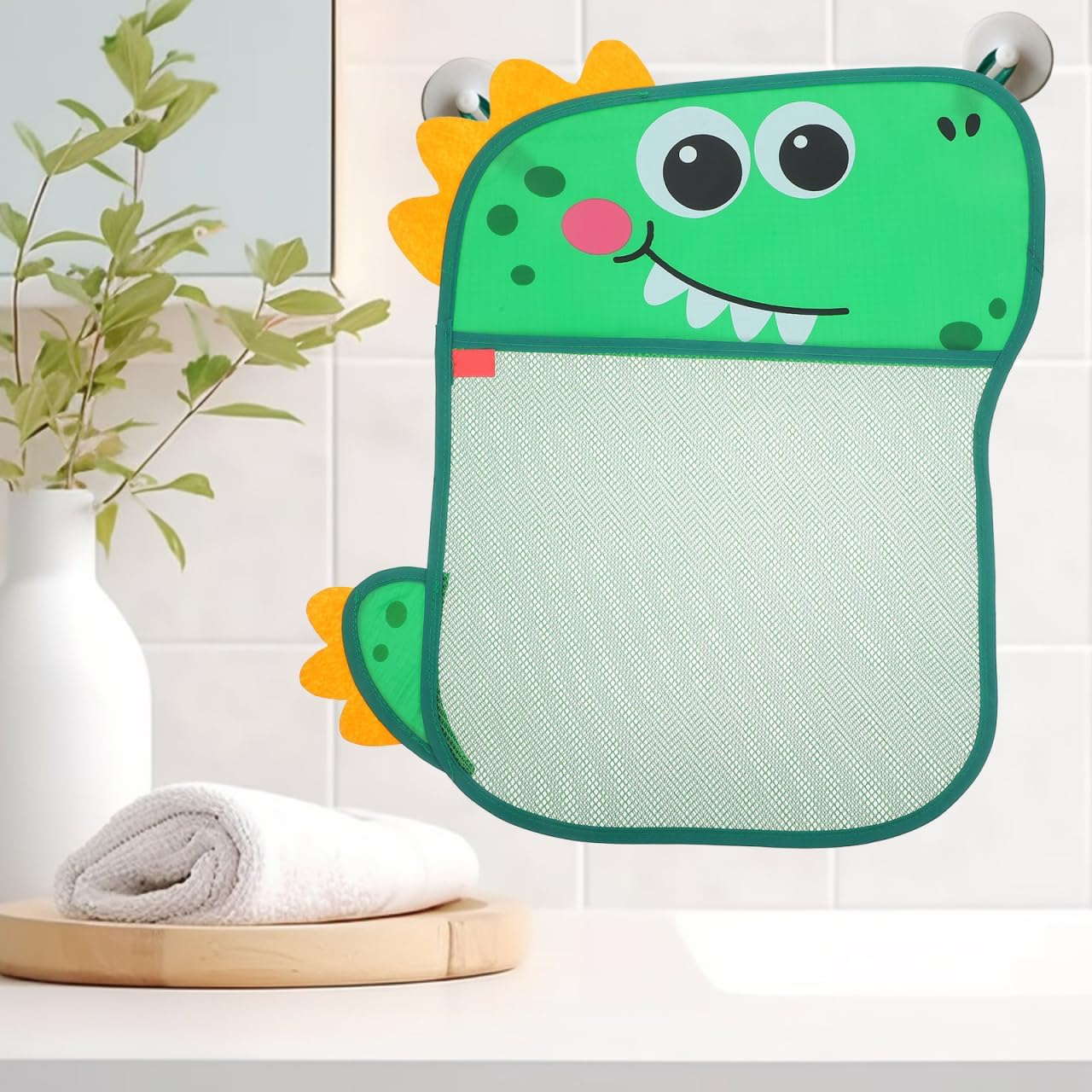 Dinosaur Suction Cup Storage Bag - Creative Green Breathable Mesh Toy Organizer with Hanging Hook for Kids Bathroom and Home Use image number 3