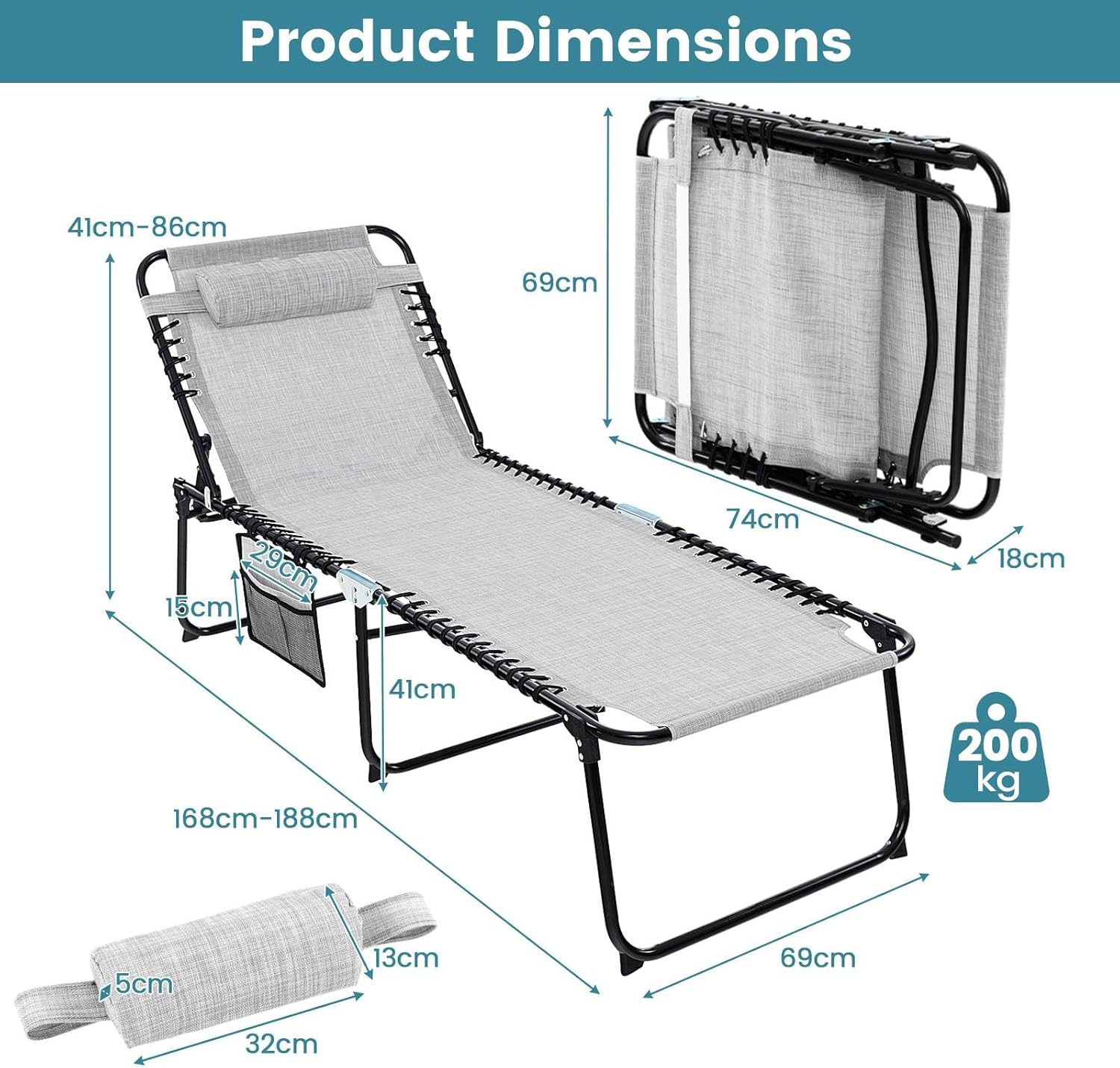 Costway Patio Folding Chaise Lounge, Oversized Portable Lay Flat Reclining Chair W/ 4-Level Backrest, Side Pocket & Detachable Headrest, Outdoor Sun Tanning Chair (168-188 X 69 X 41-86 Cm (L X W X H)) image number 6