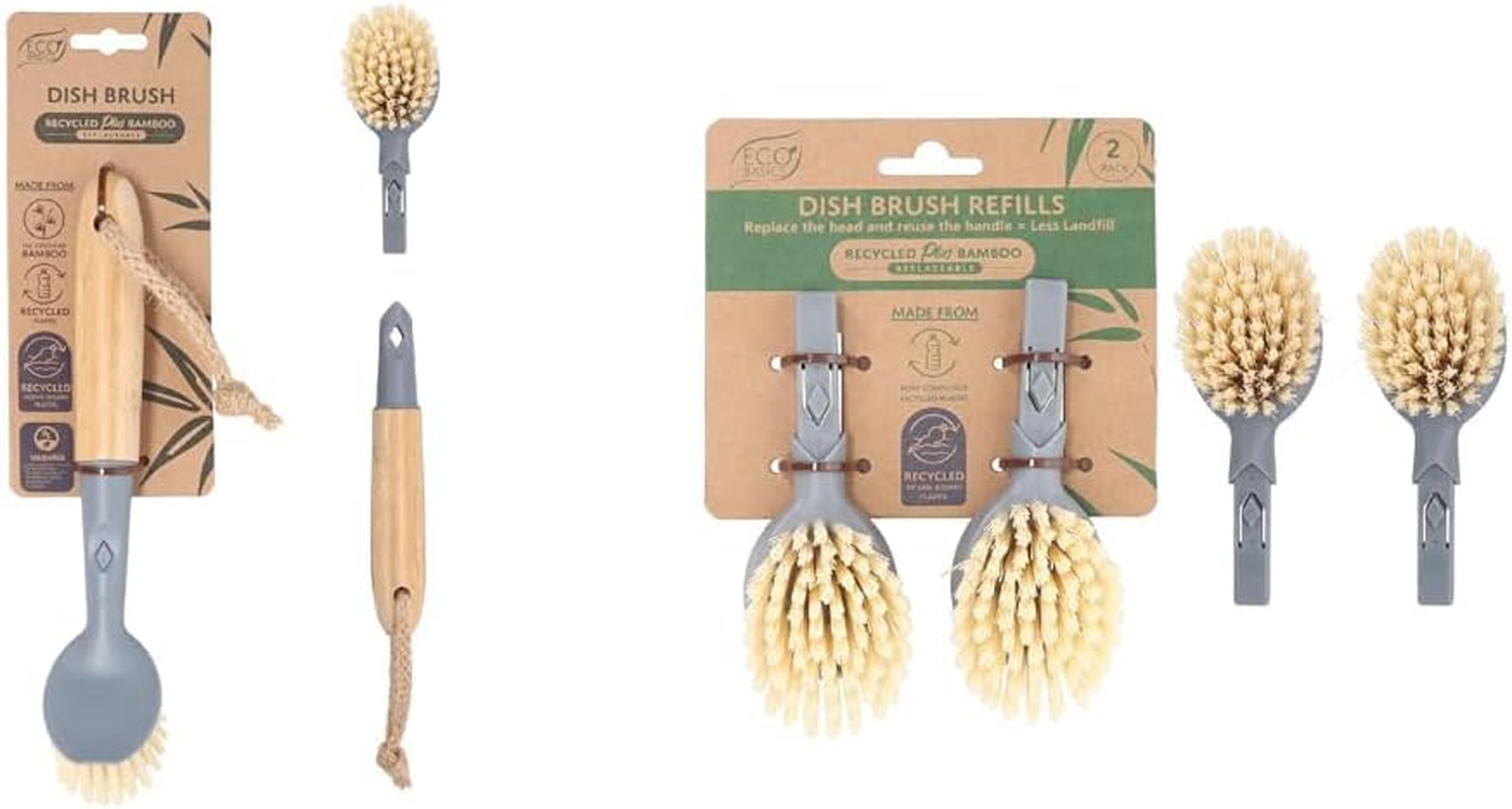 Eco Basics Replaceable Head Dish Cleaning Brush + Dish Brush Refill (2Pk) Bundle