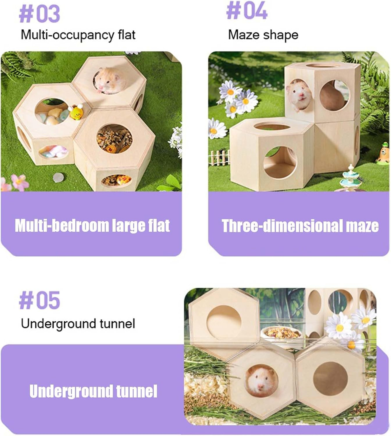 Hamster Cage Hide Out, Wooden Hamster Toys, Small Animal Cage Accessories Pet Supplies Maze D&eacute;cor for Gerbil Mice Chinchilla Guinea Lemmings image number 6