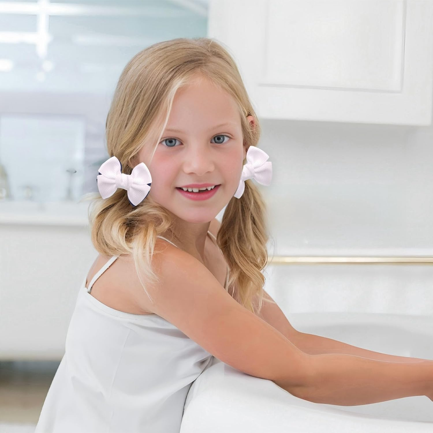 20 Pcs White Hair Accessories, White Hair Bow, Whites Bows for Hair, Girls Bobbles Bows School Bands, Elastics Hair Bands for Girls (White) - Deep Blue image number 4