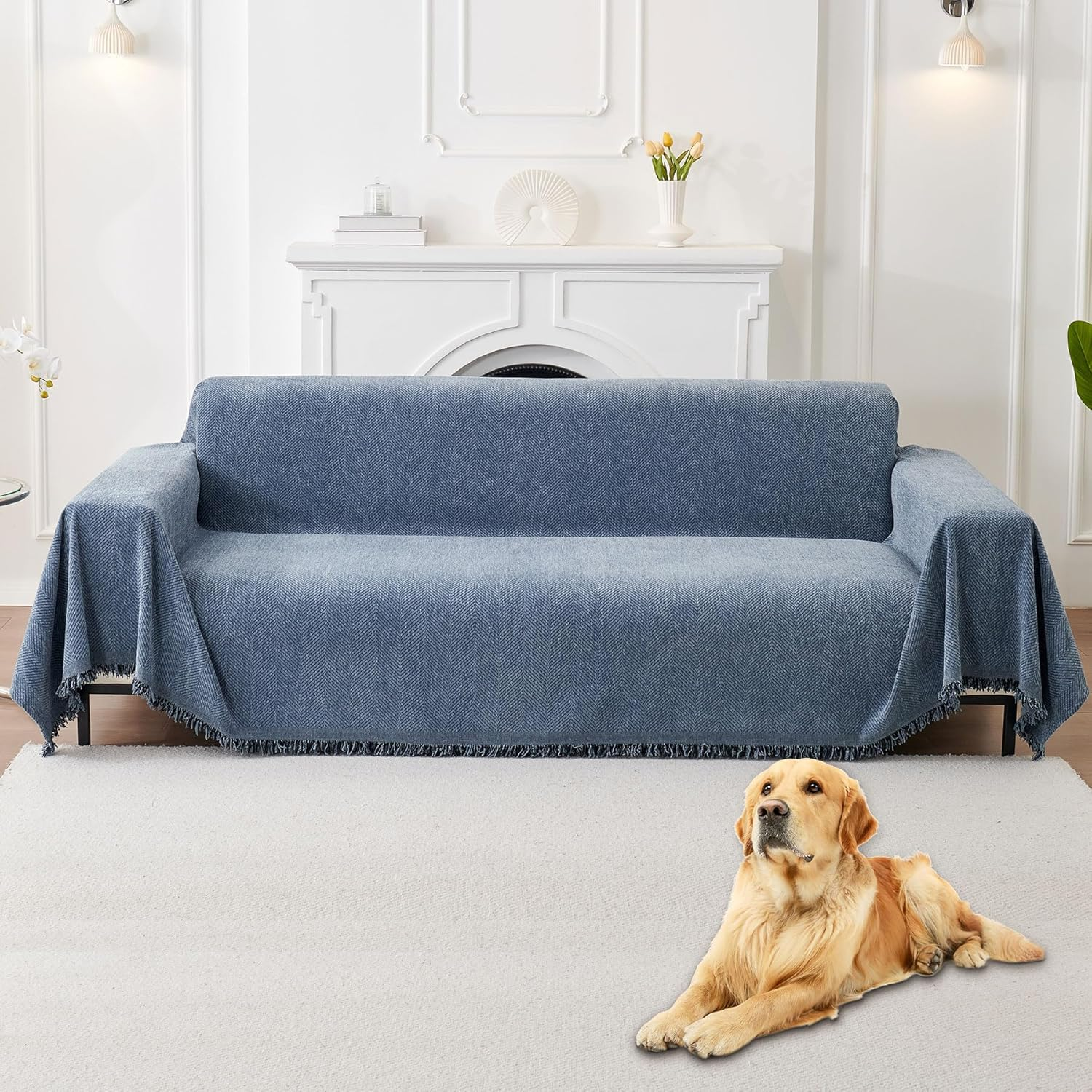 HAOMAIJIA Chenille Couch Cover Sofa Covers for 3 Cushion Couch Washable Sectional Couch Covers for Dogs Pet Furniture Protector Couch Cover Blanket for Living Room (Sage Green, 91"X118")