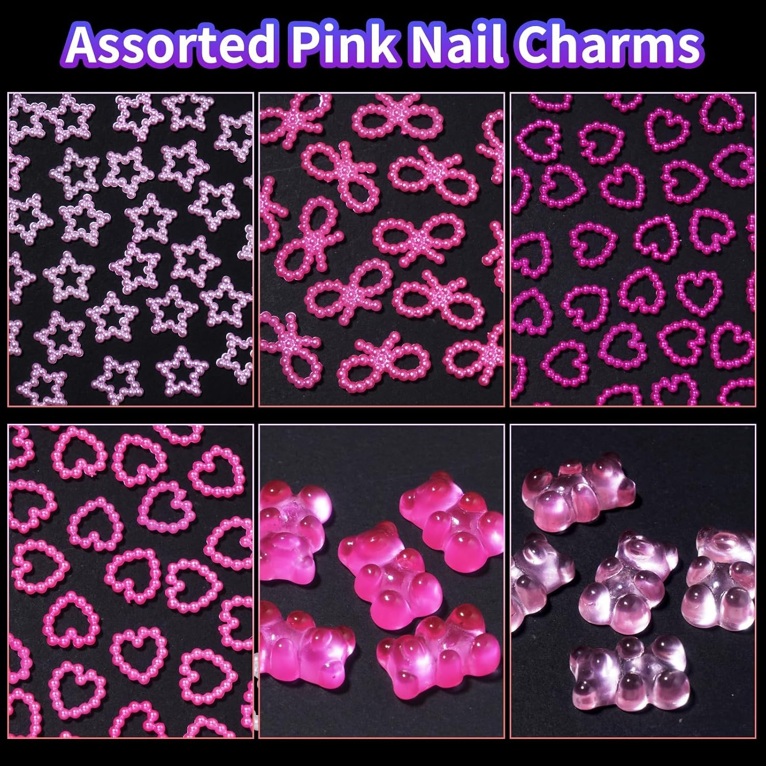 3D Assorted Pearls Gems Nail Charms Alloy Sequin Heart Star Bows Pearls Planet Nail Charms Butterfly Bow Bear Nail Charms for Manicure DIY Crafts Jewel Accessories