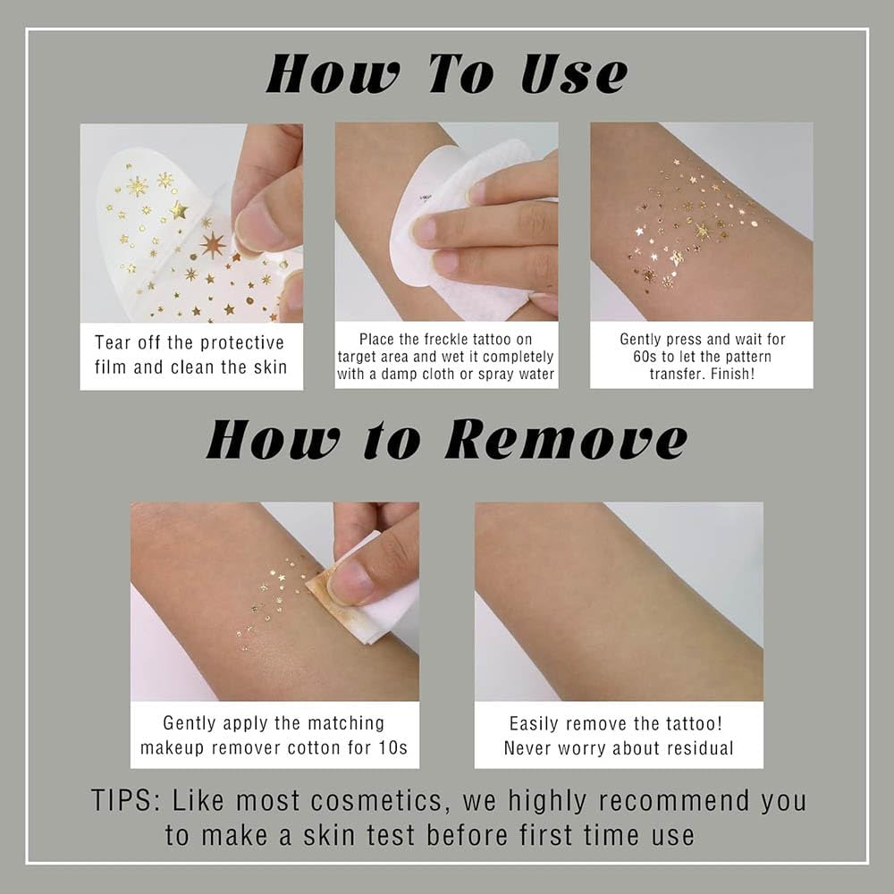 Yesallwas 6 Sheets Freckles Tattoo on the Face Freckles Tattoo Stickers Waterproof Glitter Makeup Tattoo Sticker Face Temporary Tattoos for Party Costume (Gold) image number 1